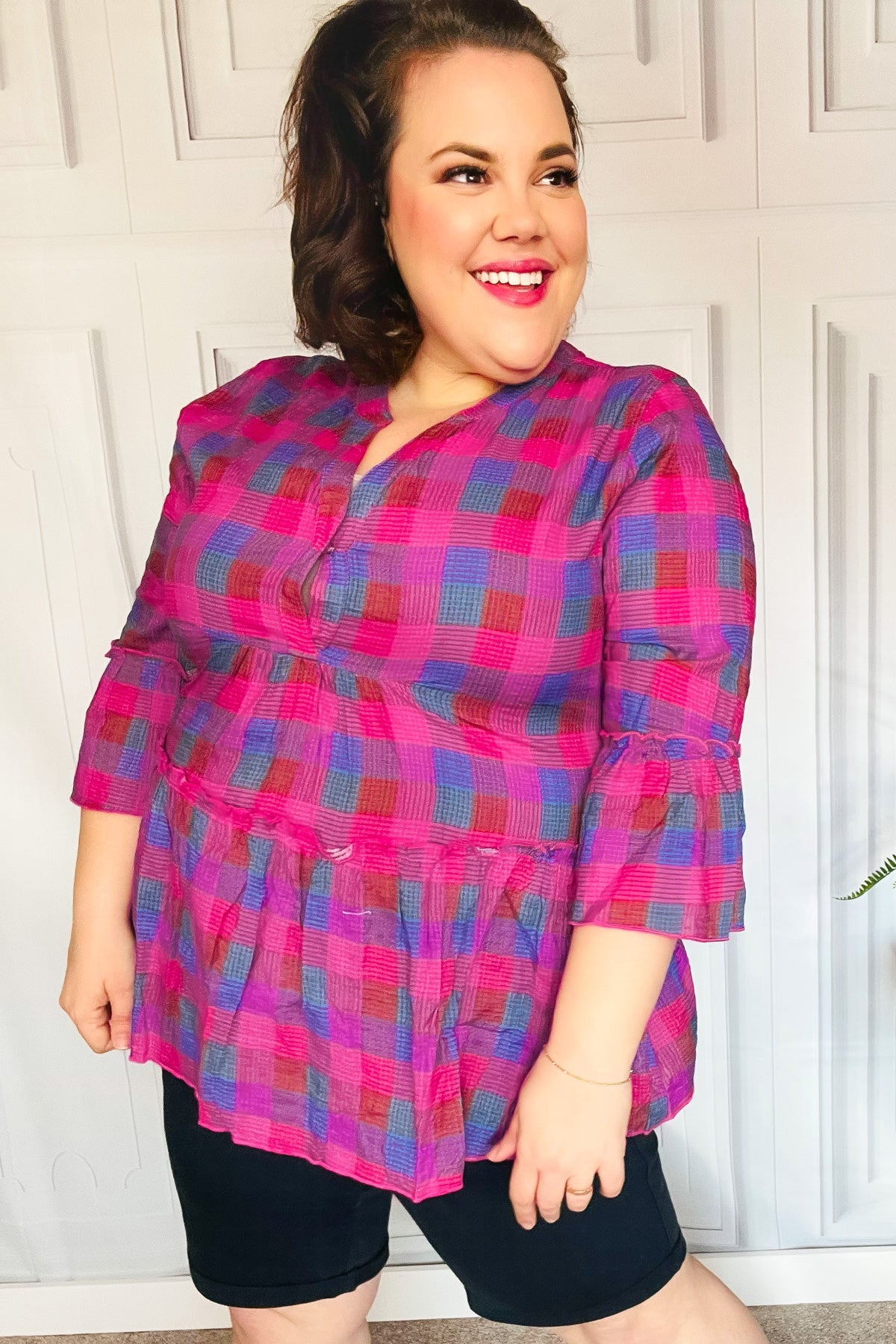 Back To Basics Fuchsia Plaid Notched Neck Babydoll Top