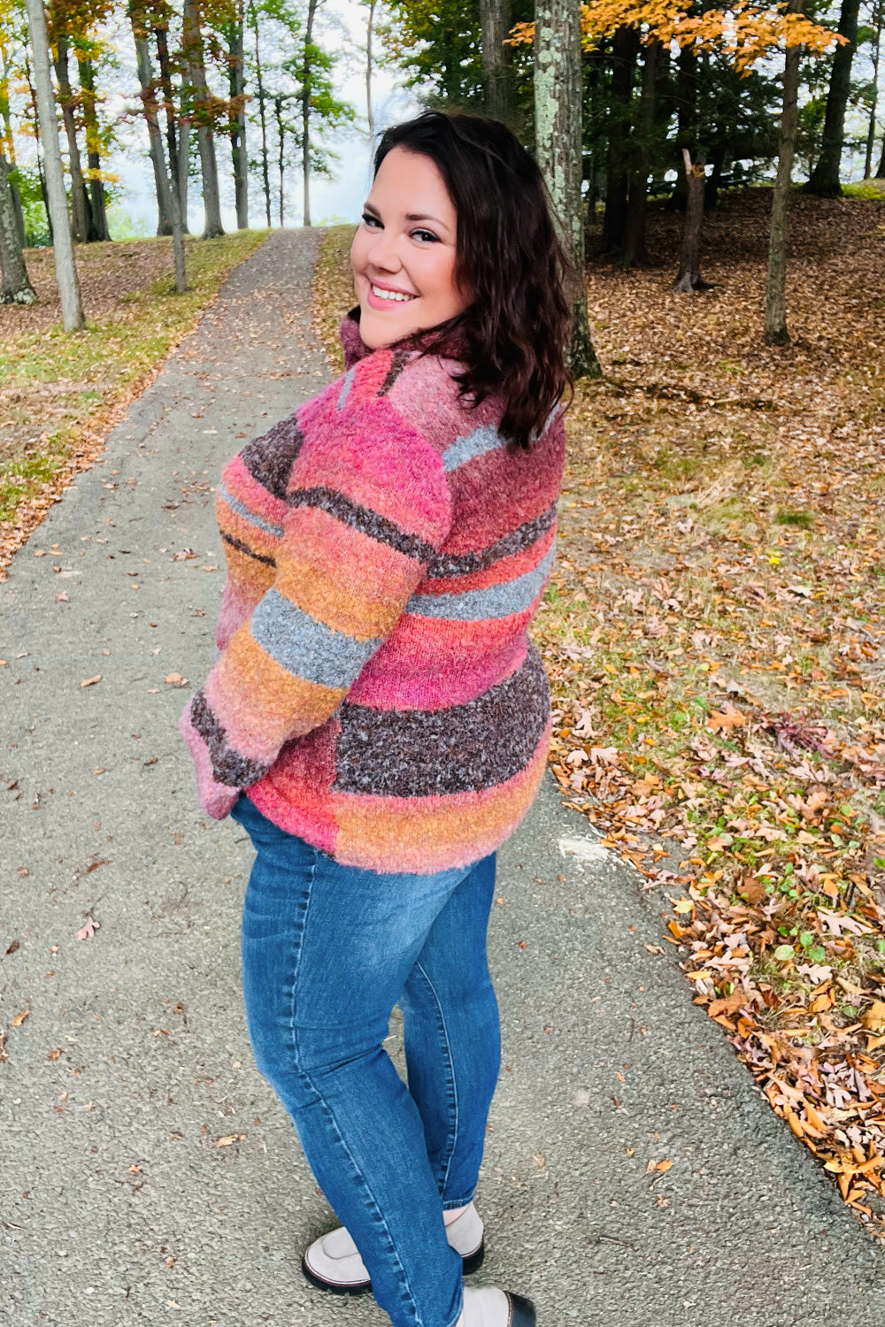 Going My Way Rust & Mustard Stripe Boucle Turtleneck Sweater