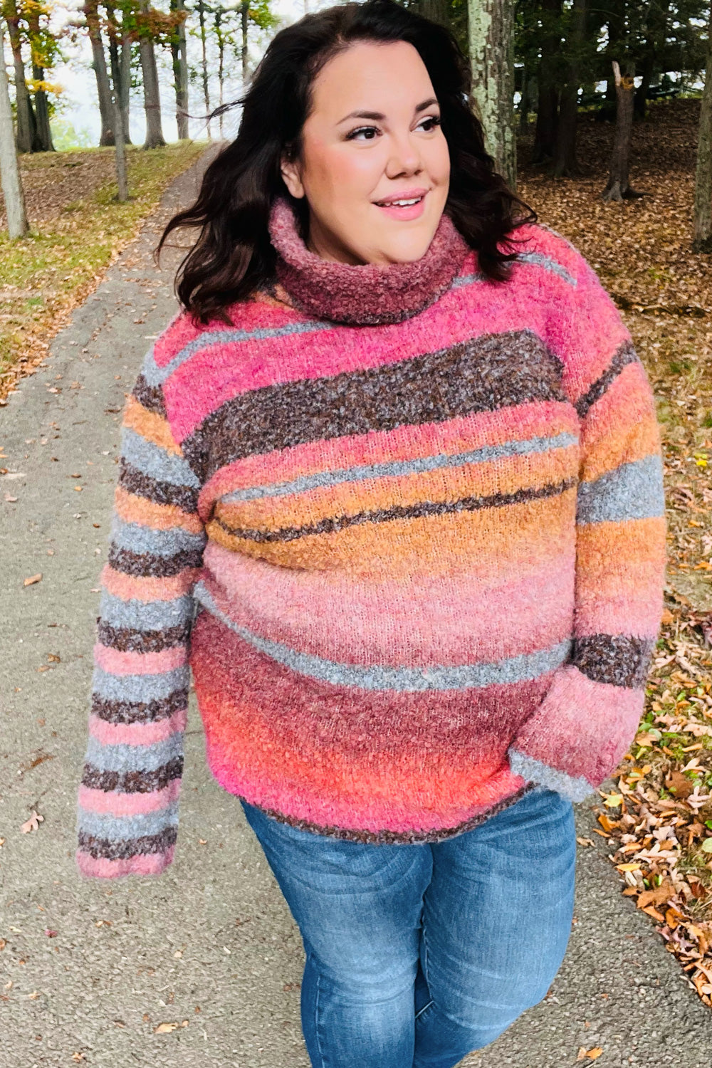 Going My Way Rust & Mustard Stripe Boucle Turtleneck Sweater