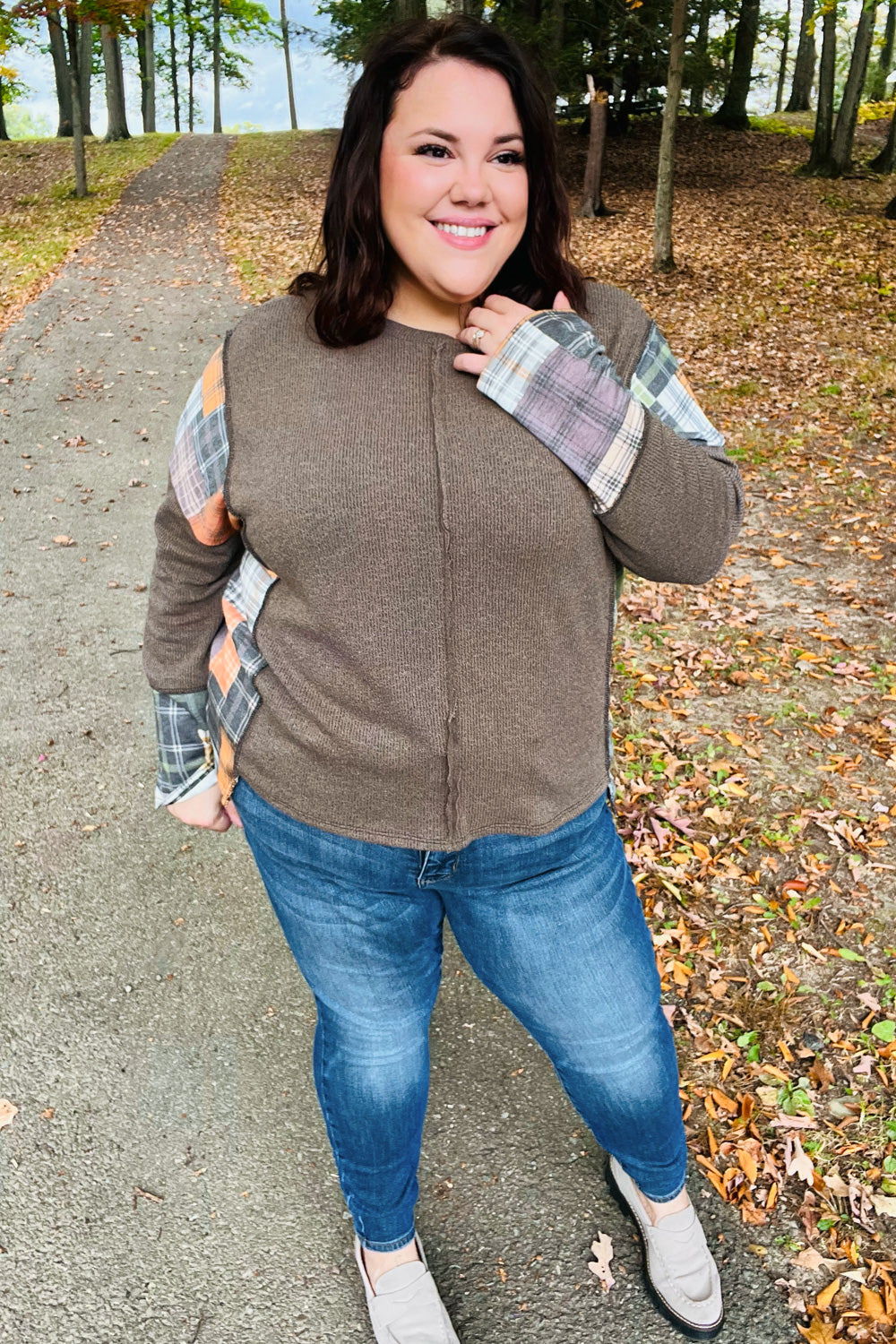 Olive Corded Brushed Hacci Plaid Top