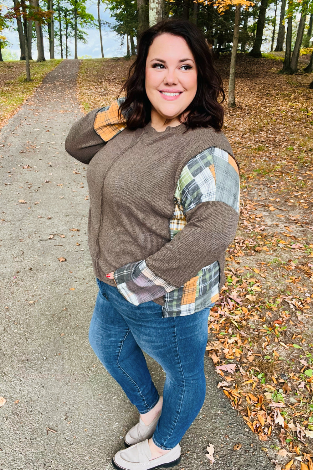 Olive Corded Brushed Hacci Plaid Top