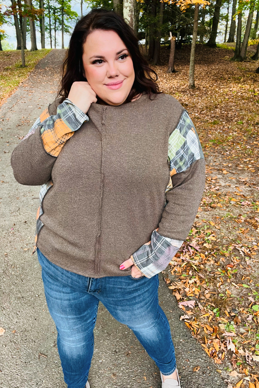 Olive Corded Brushed Hacci Plaid Top