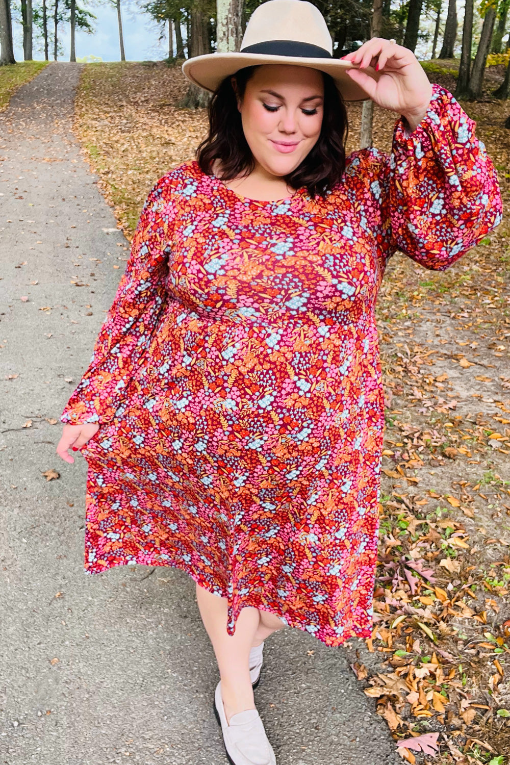 Just For Me Rust Ditzy Floral Fit & Flare Midi Dress