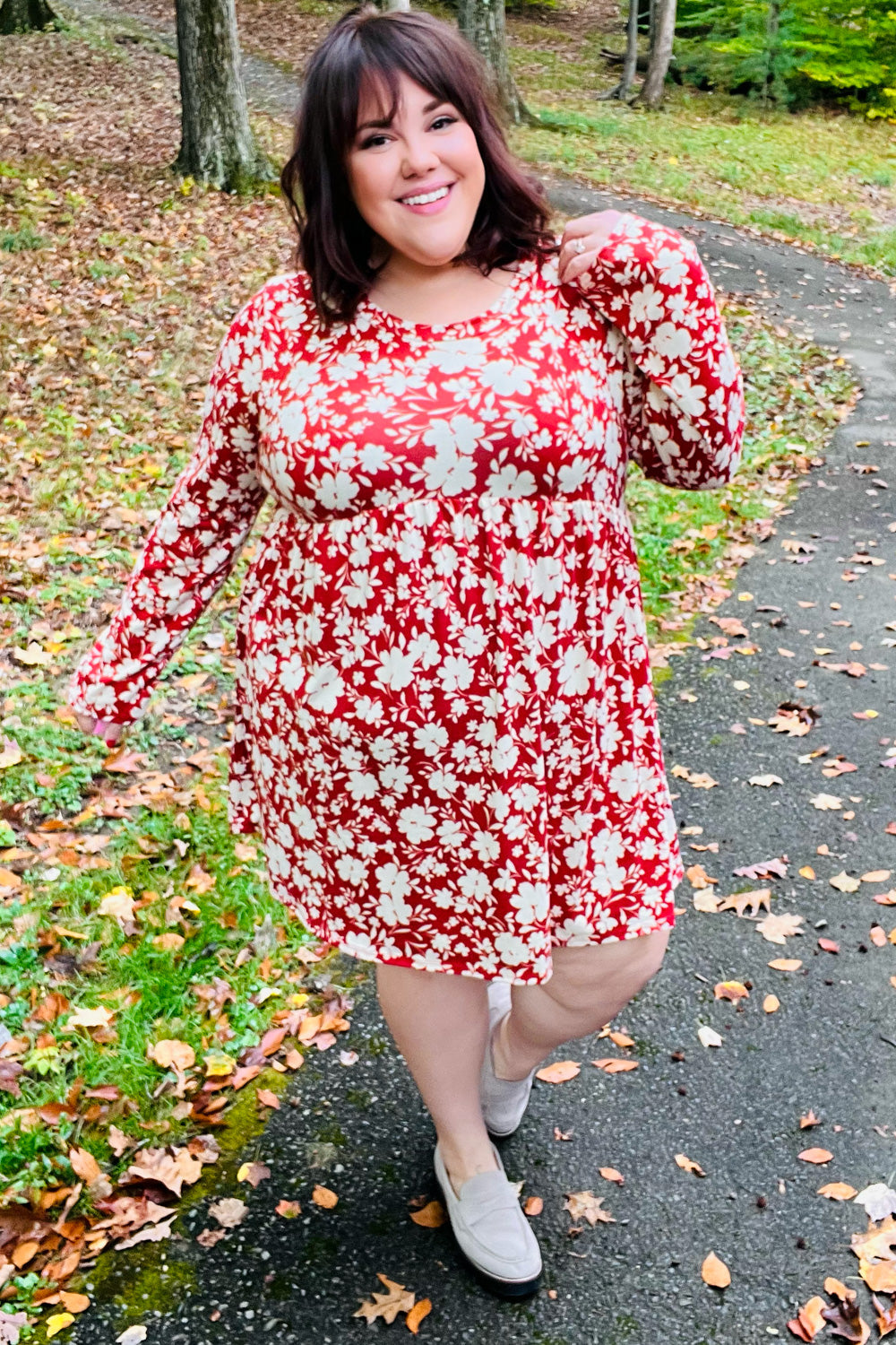 Rust Floral Long Sleeve Babydoll Dress