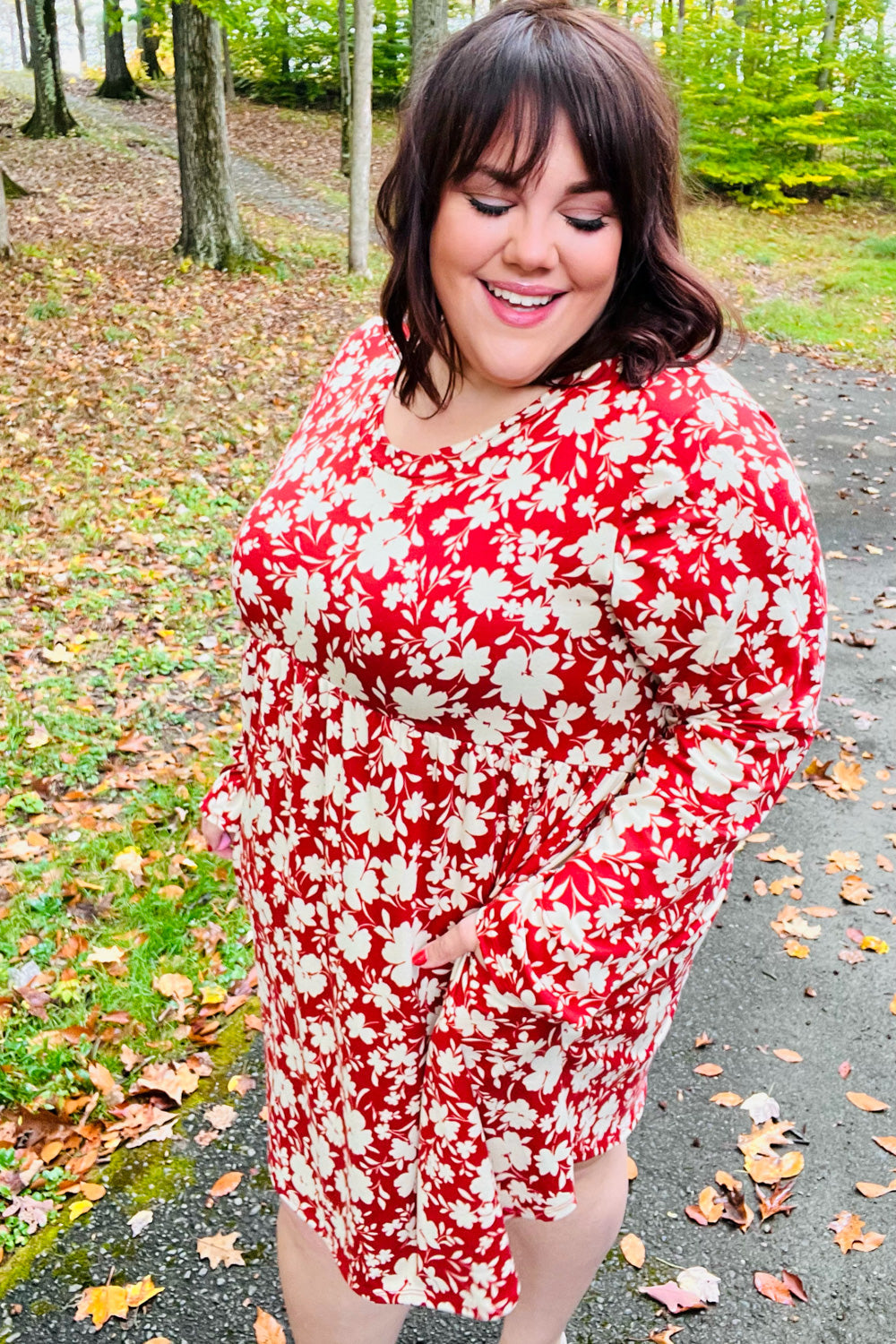 Rust Floral Long Sleeve Babydoll Dress