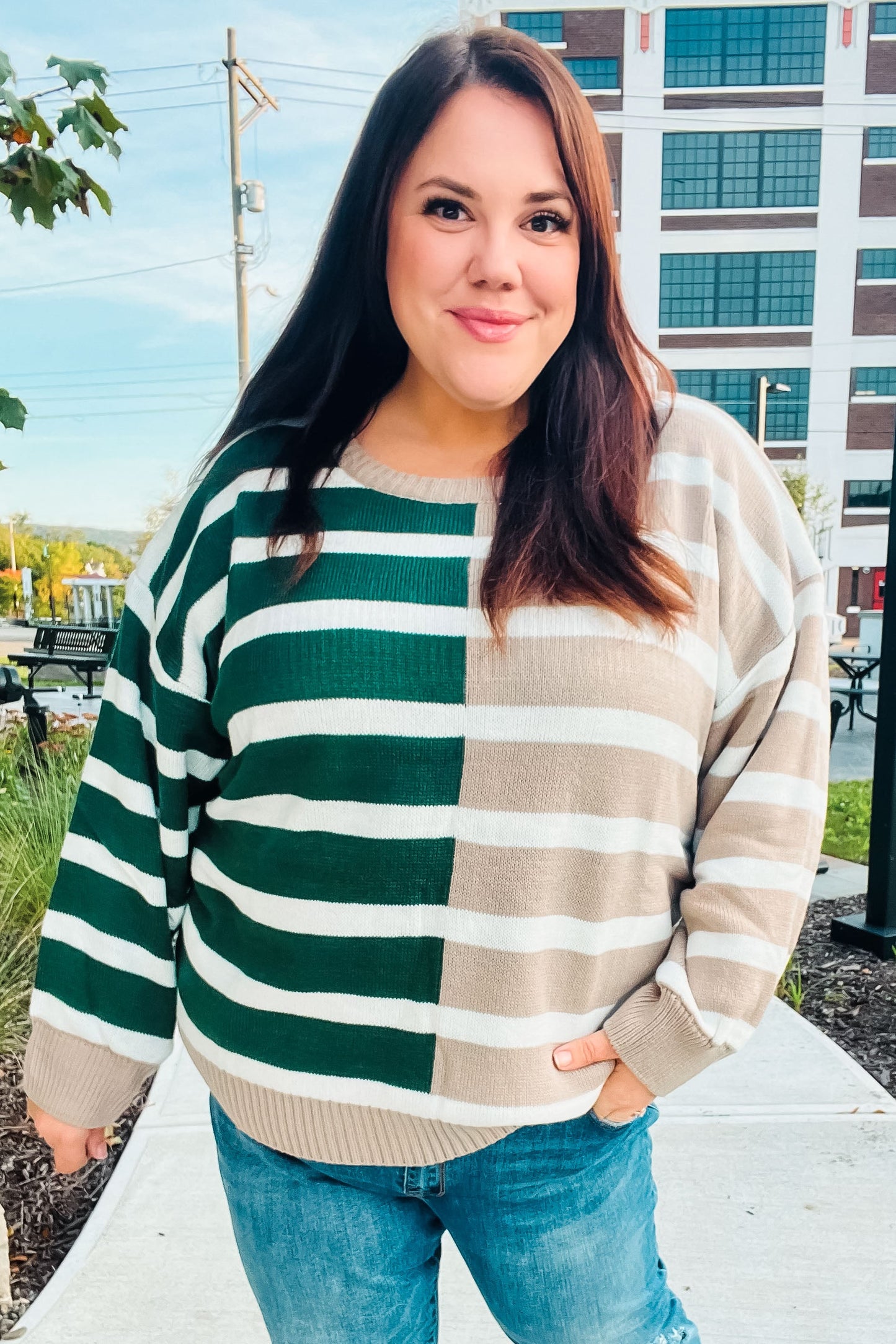 Hunter Green & Taupe Striped Color Block Sweater