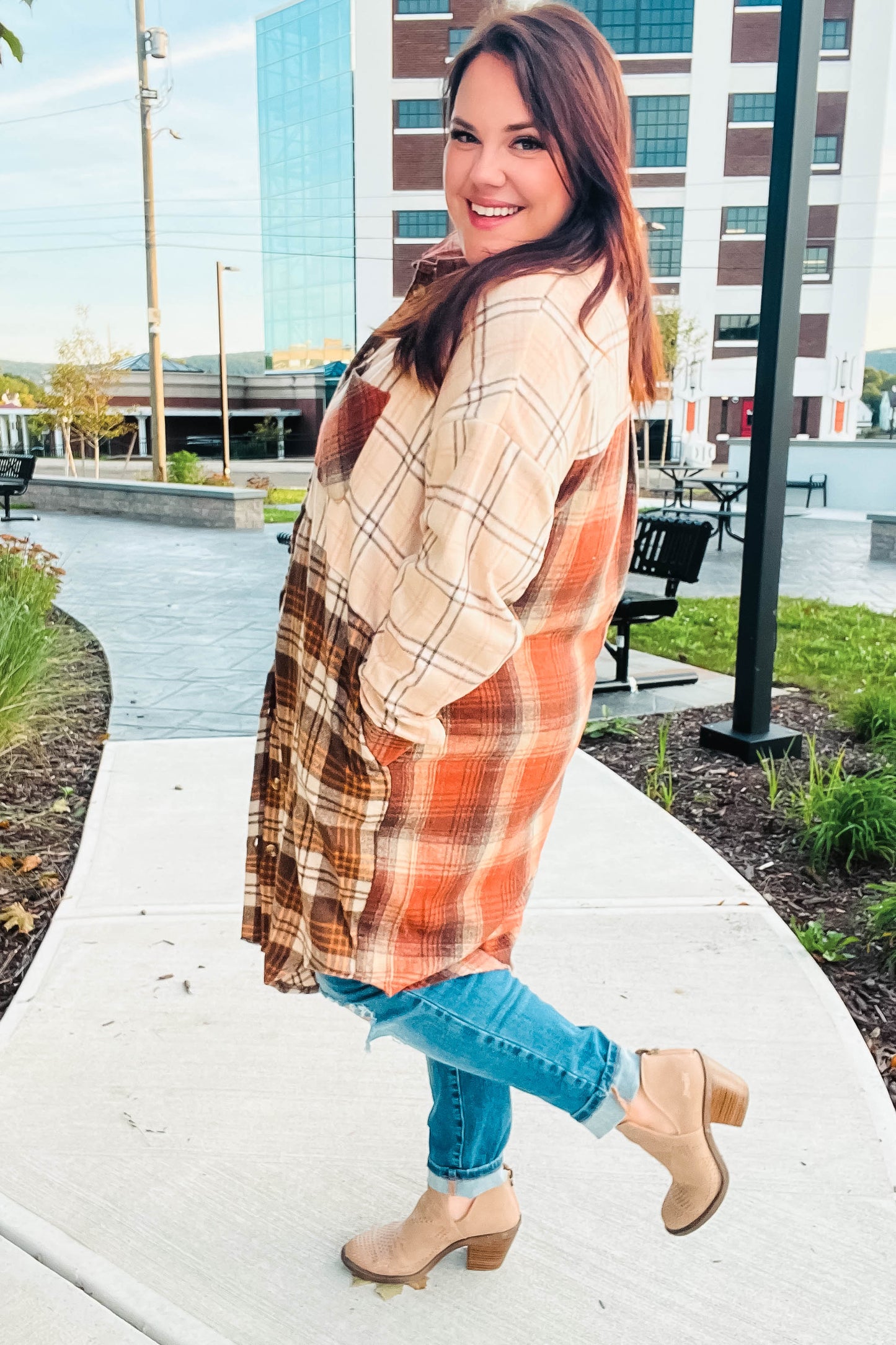 Stand Out Rust & Taupe Color Block Plaid Longline Shacket