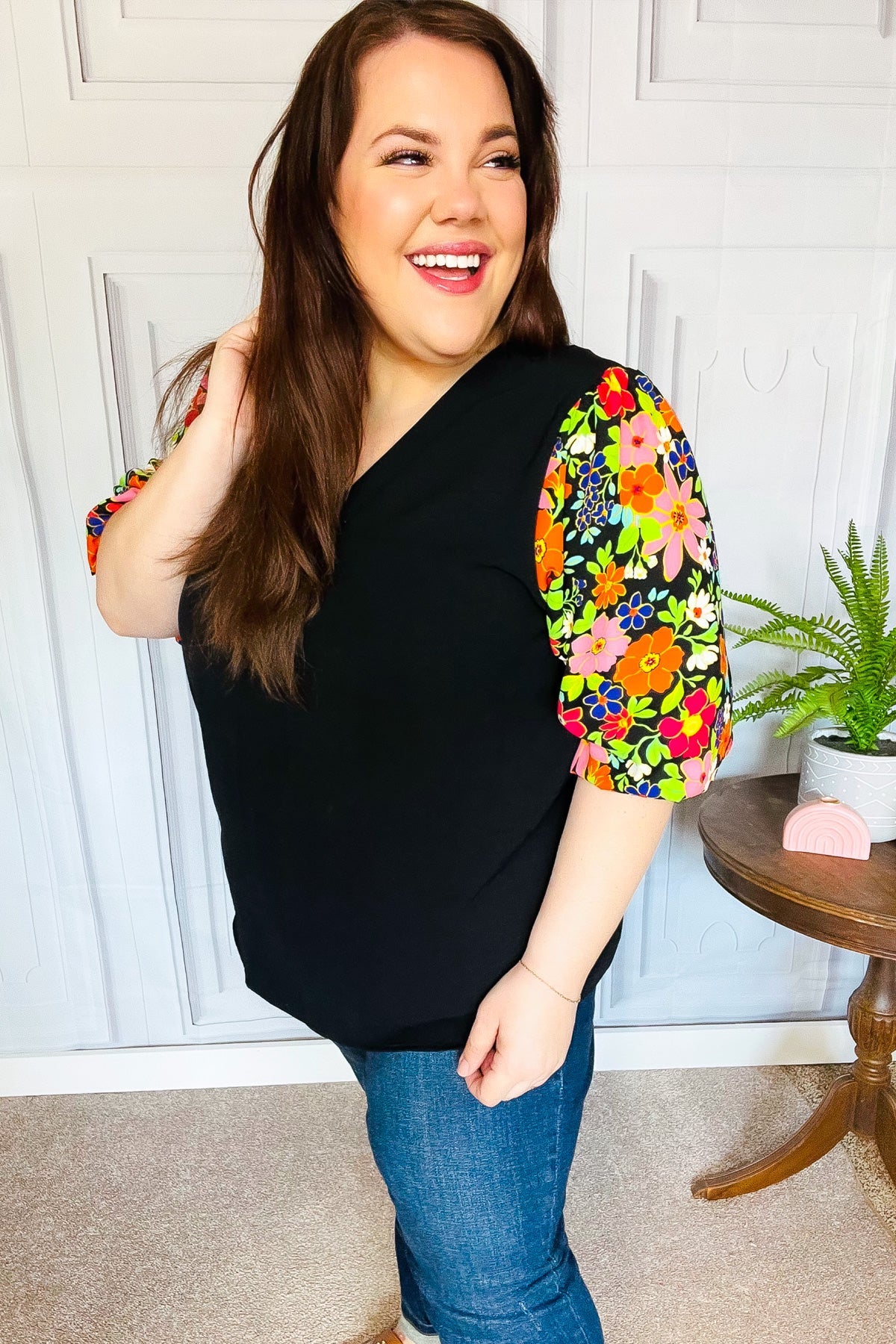 Eyes On You Black Floral Puff Sleeve V Neck Top