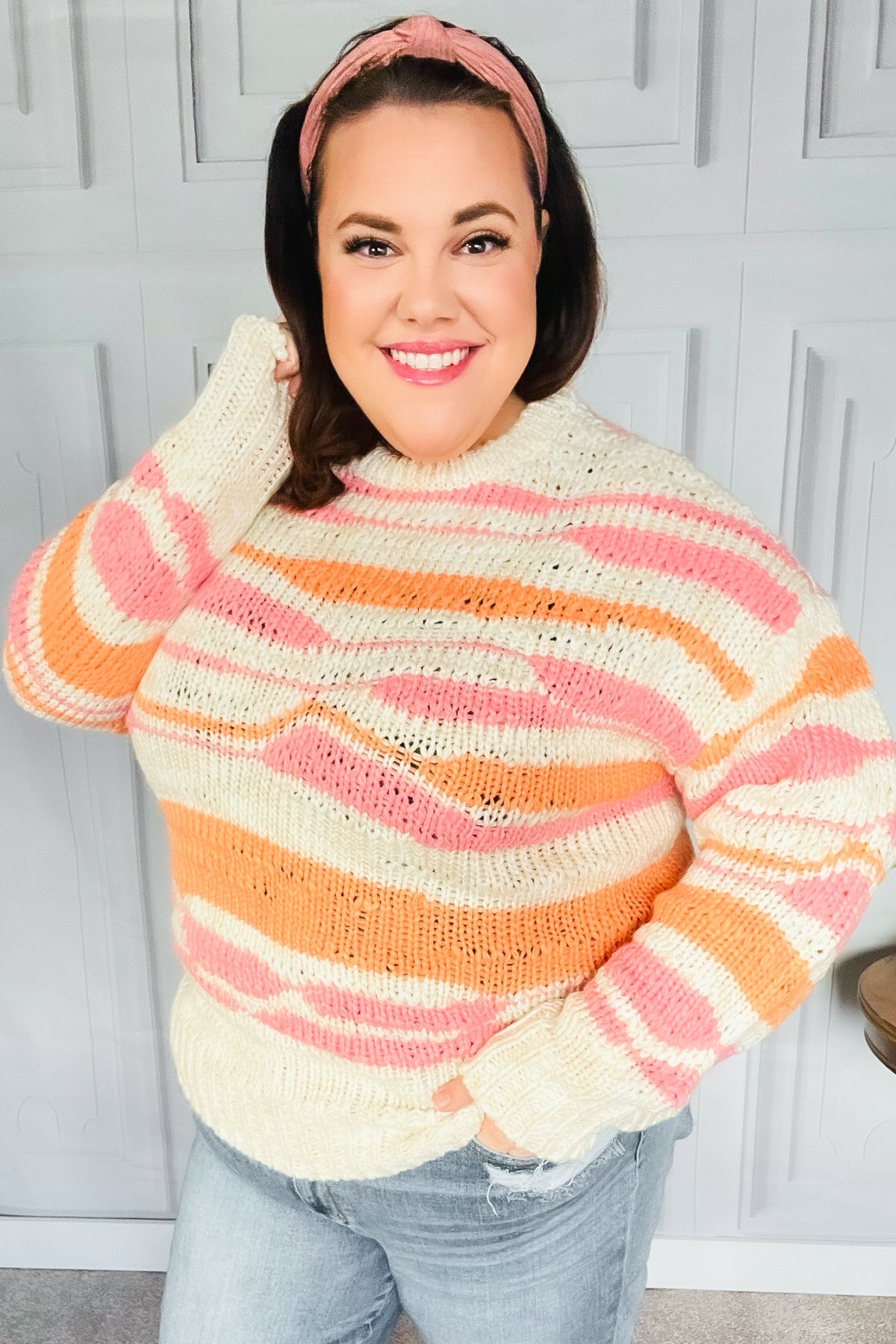 Perfectly You Mango Multicolor Stripe Chunky Knit Sweater