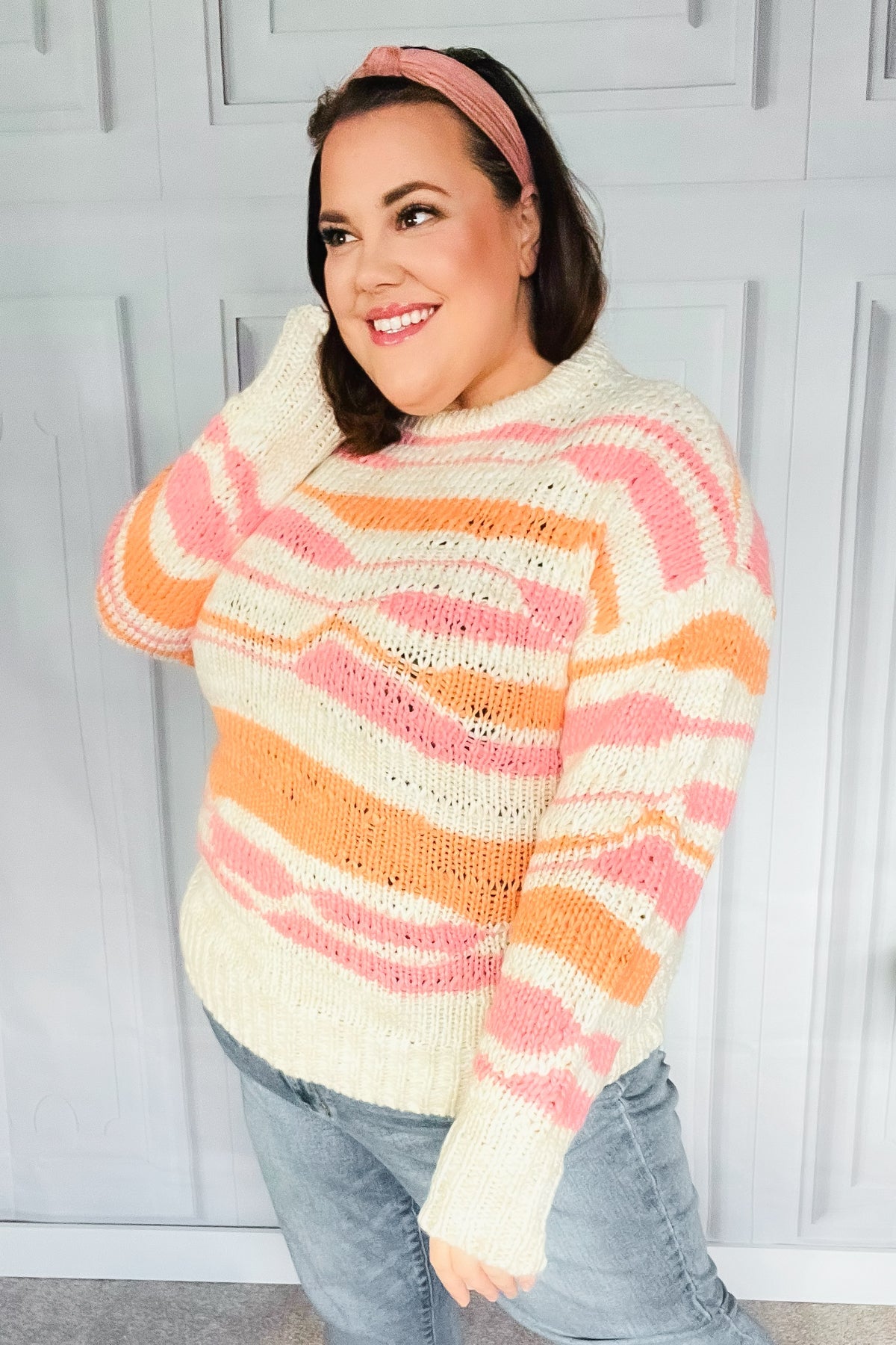 Perfectly You Mango Multicolor Stripe Chunky Knit Sweater