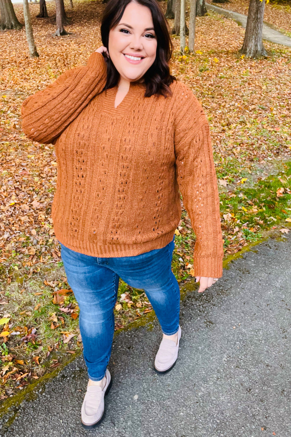 Can't Resist Rust Cable Knit Notched Neck Pullover Sweater