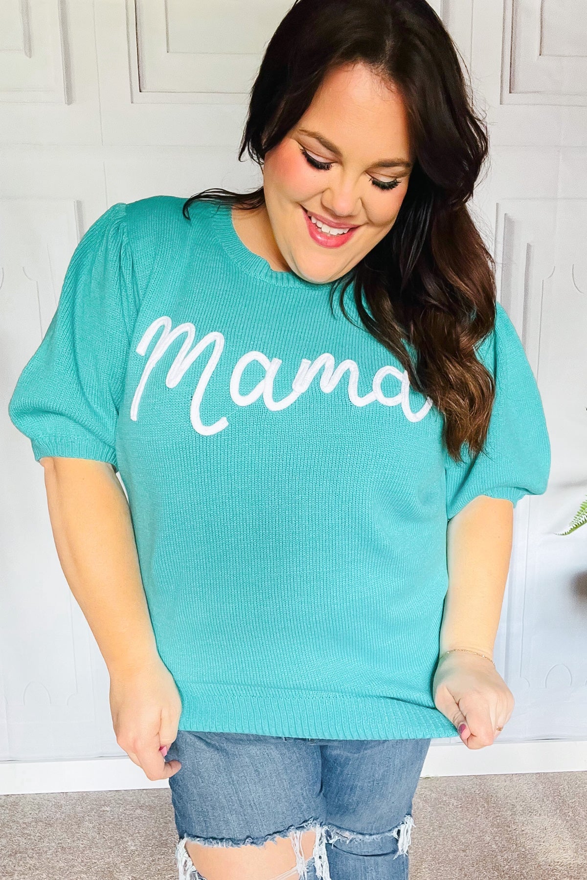 Take A Bow Mint "Mama" Embroidery Pop-Up Puff Sleeve Sweater Top