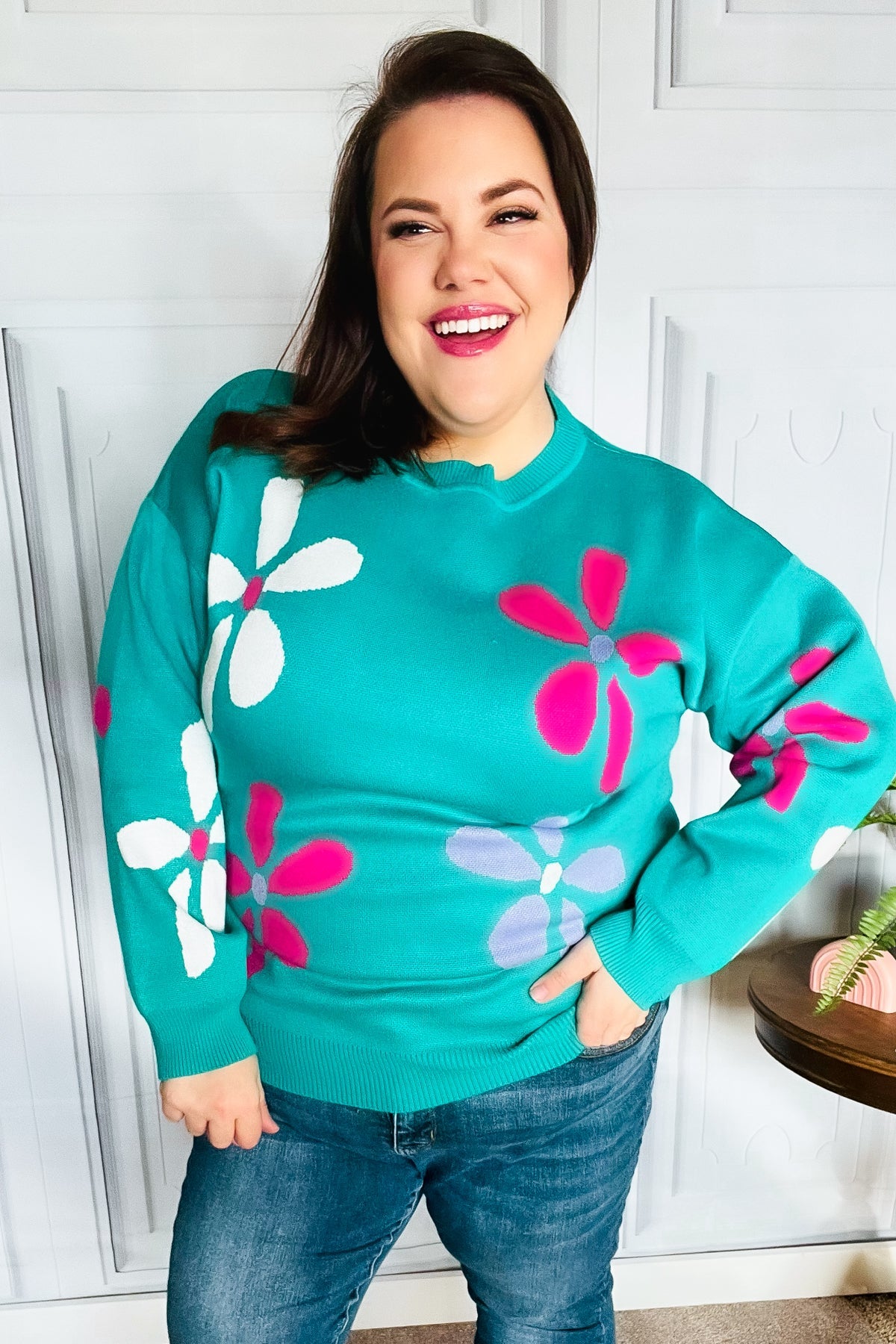 Adorable Turquoise Daisy Flower Jacquard Pullover Sweater