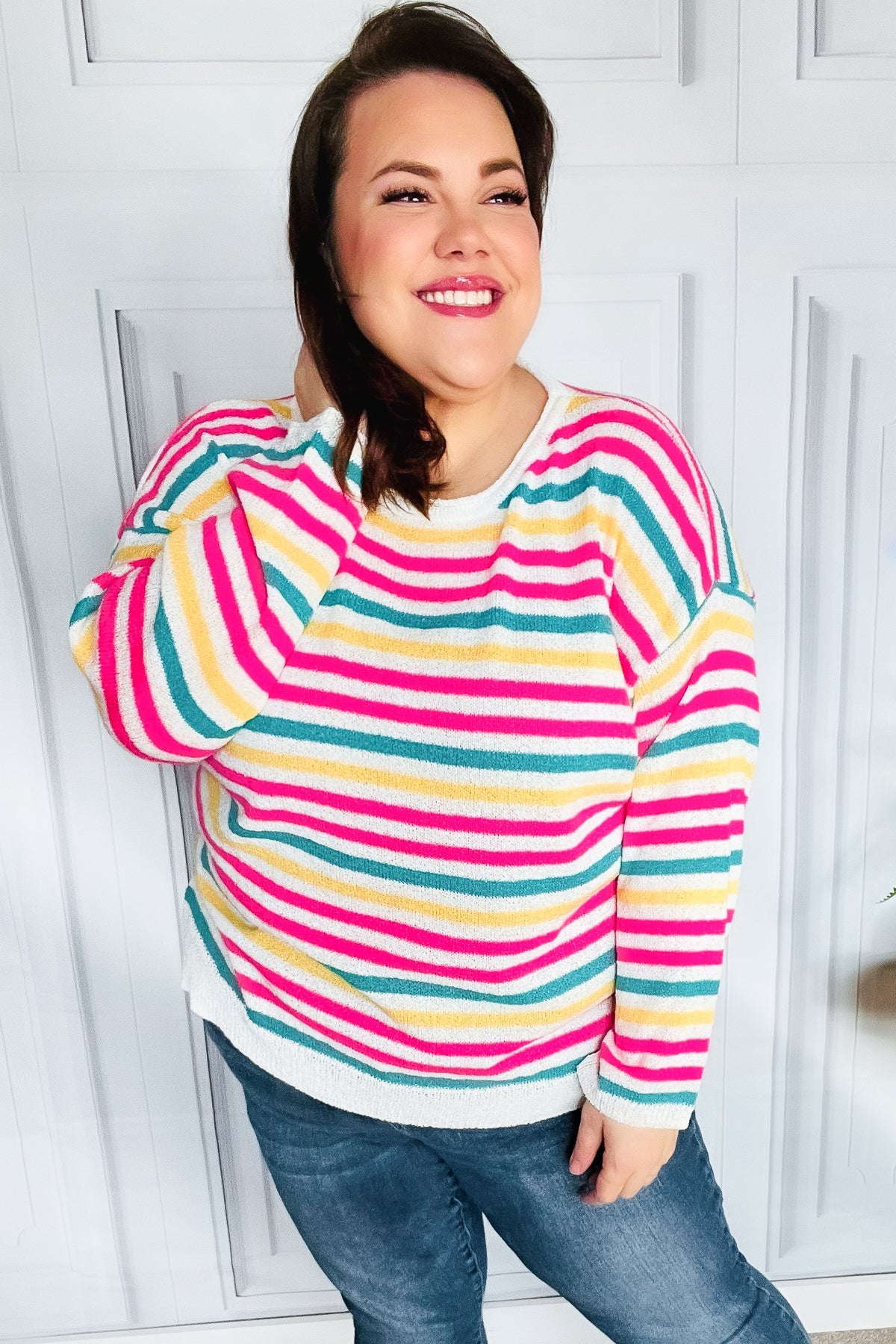 Bold & Sassy Fuchsia Multi Stripe Pullover Sweater