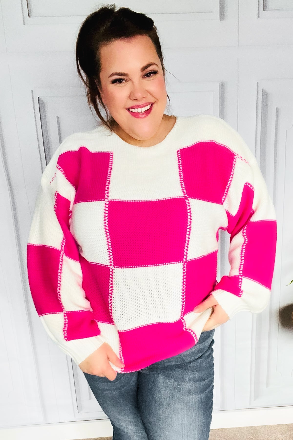 Tried & True Fuchsia Checkered Oversized Knit Sweater