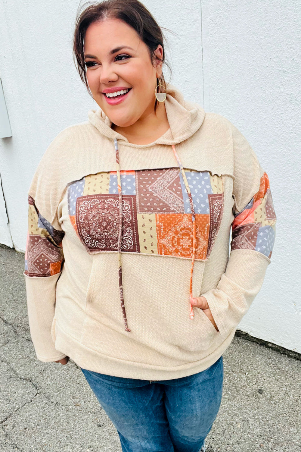 Beige Patchwork Print Kangaroo Pocket Hoodie