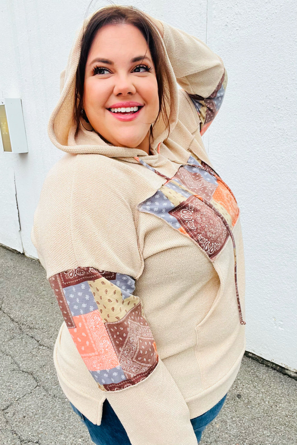 Beige Patchwork Print Kangaroo Pocket Hoodie