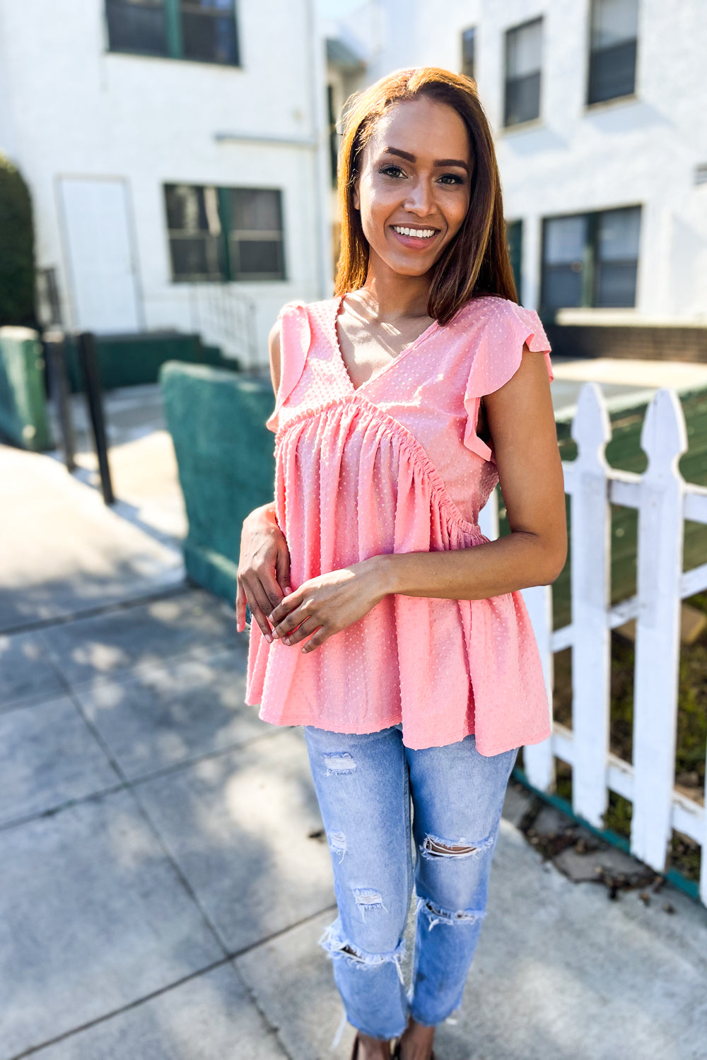 Lock Eyes Coral Swiss Dot Babydoll Flutter Sleeve Babydoll Top