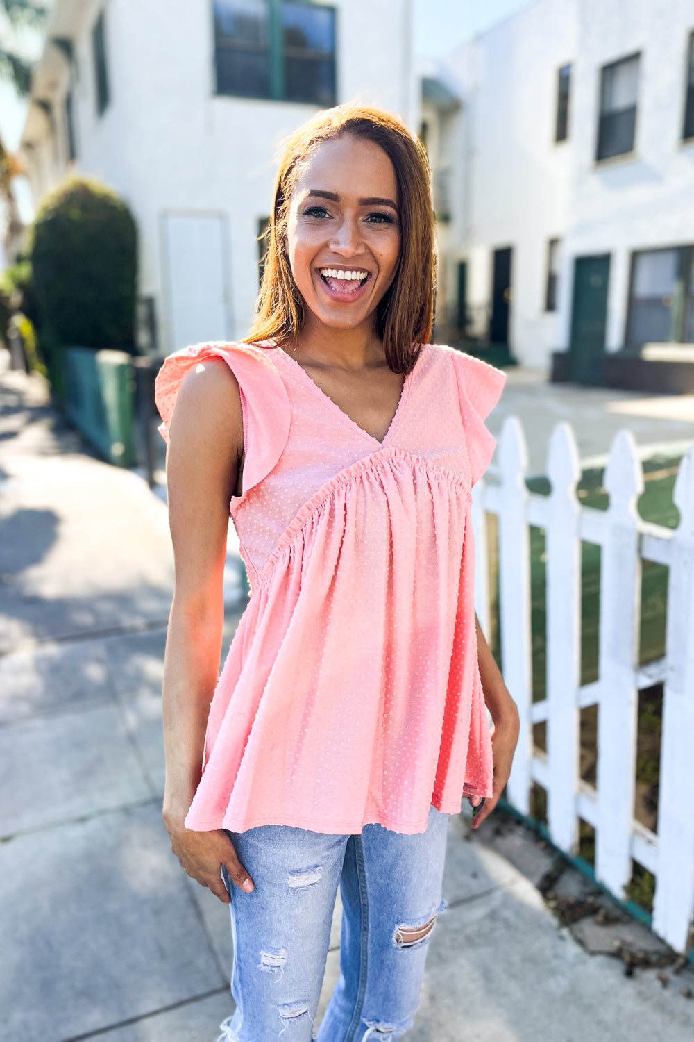 Lock Eyes Coral Swiss Dot Babydoll Flutter Sleeve Babydoll Top