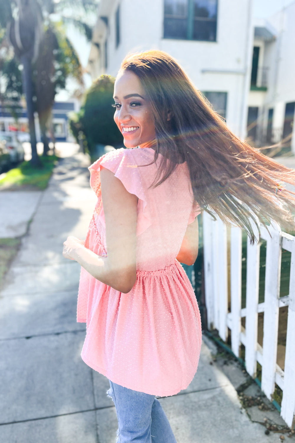 Lock Eyes Coral Swiss Dot Babydoll Flutter Sleeve Babydoll Top