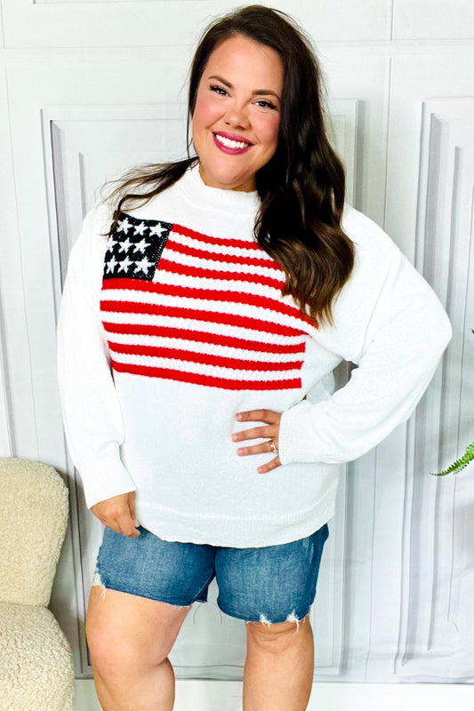 American Flag White Crochet Oversized Knit Sweater