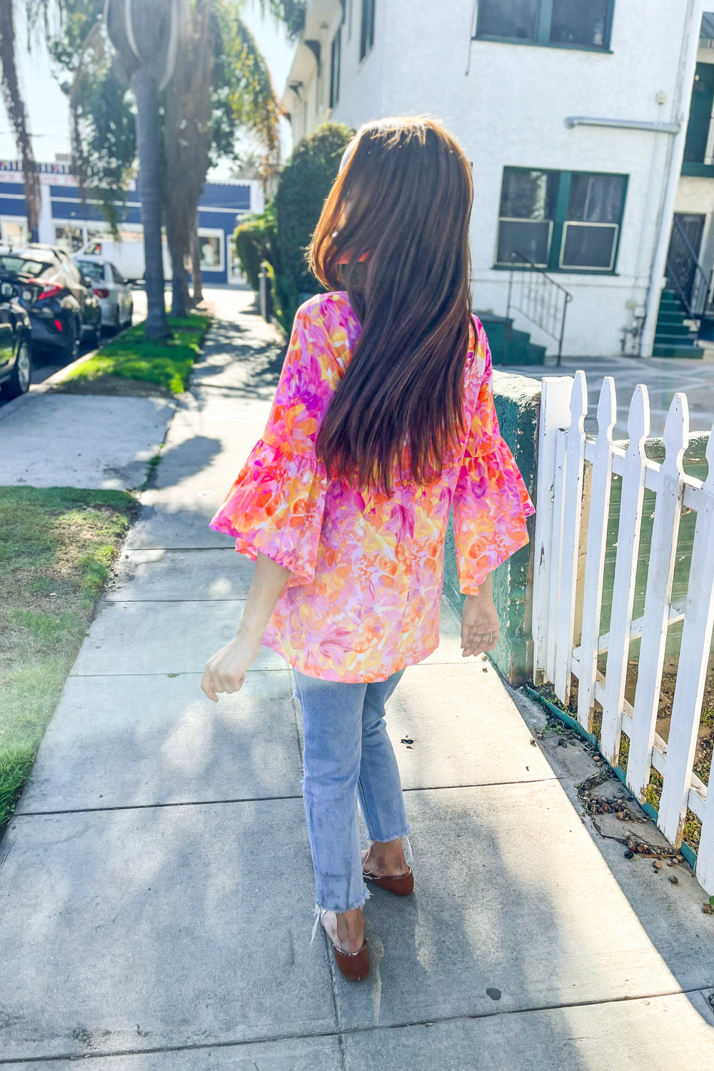 Gorgeous You Fuchsia Big Floral Bell Sleeve Knit Top