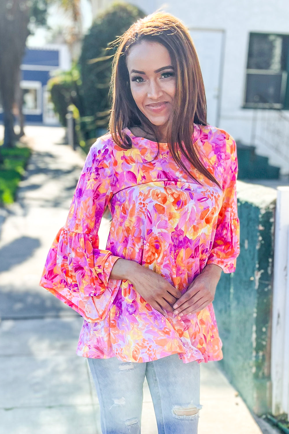Gorgeous You Fuchsia Big Floral Bell Sleeve Knit Top