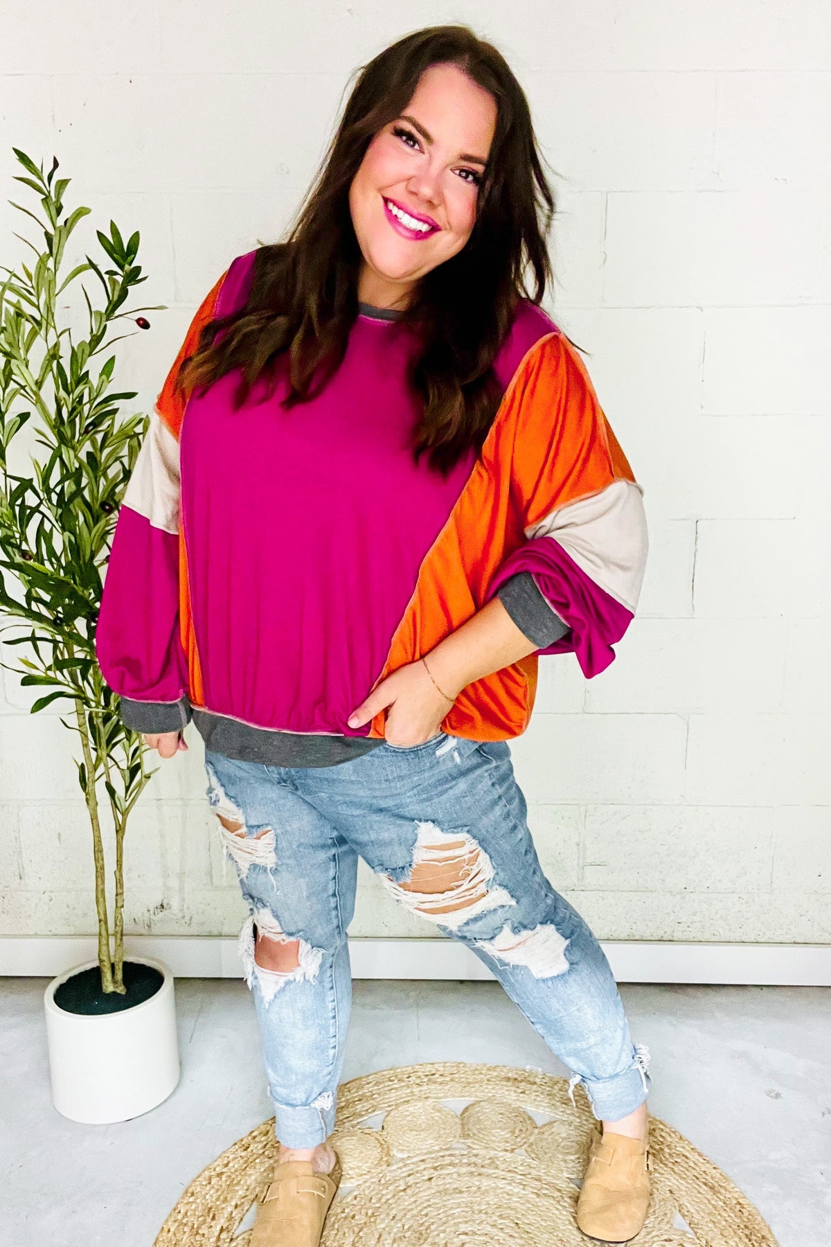 Brighten My Day Magenta Color Block Outseam Terry Top