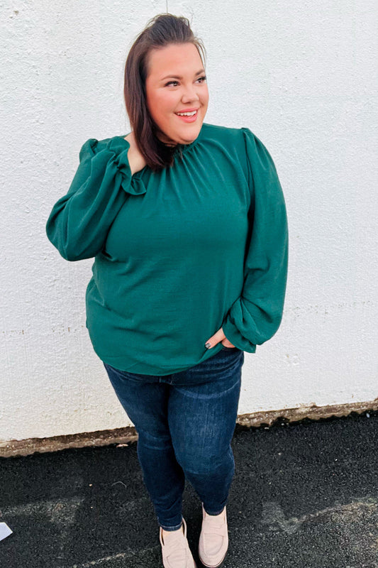 Be Merry Hunter Green Frill Mock Neck Crinkle Top