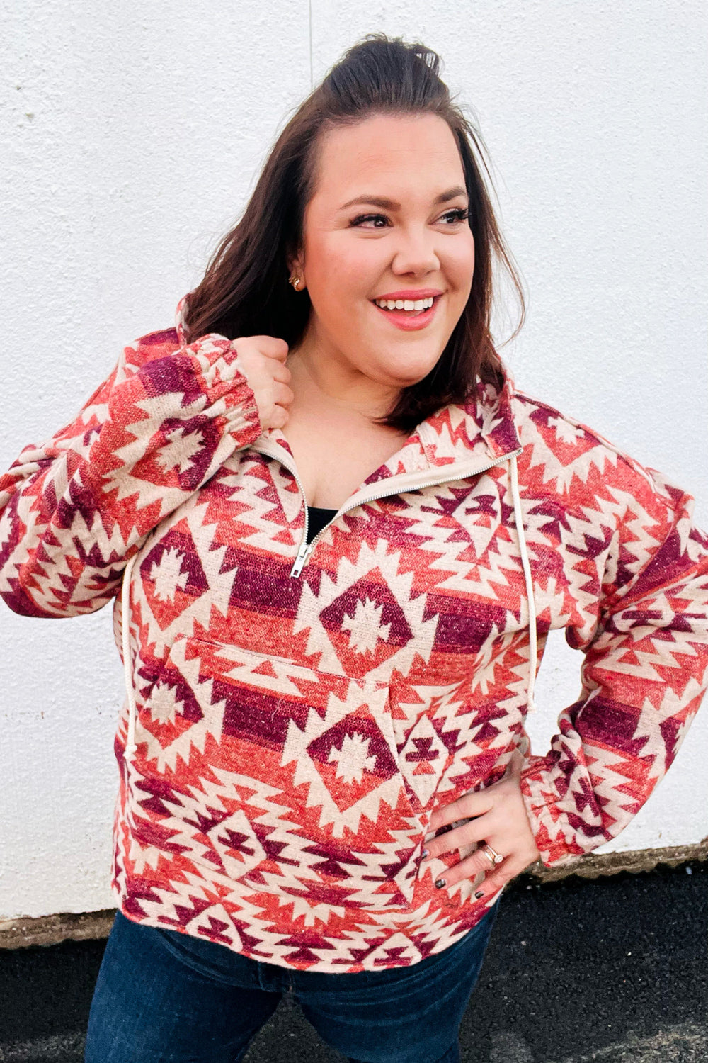 Fall For You Rust & Burgundy Aztec Half Zip High Neck Hoodie