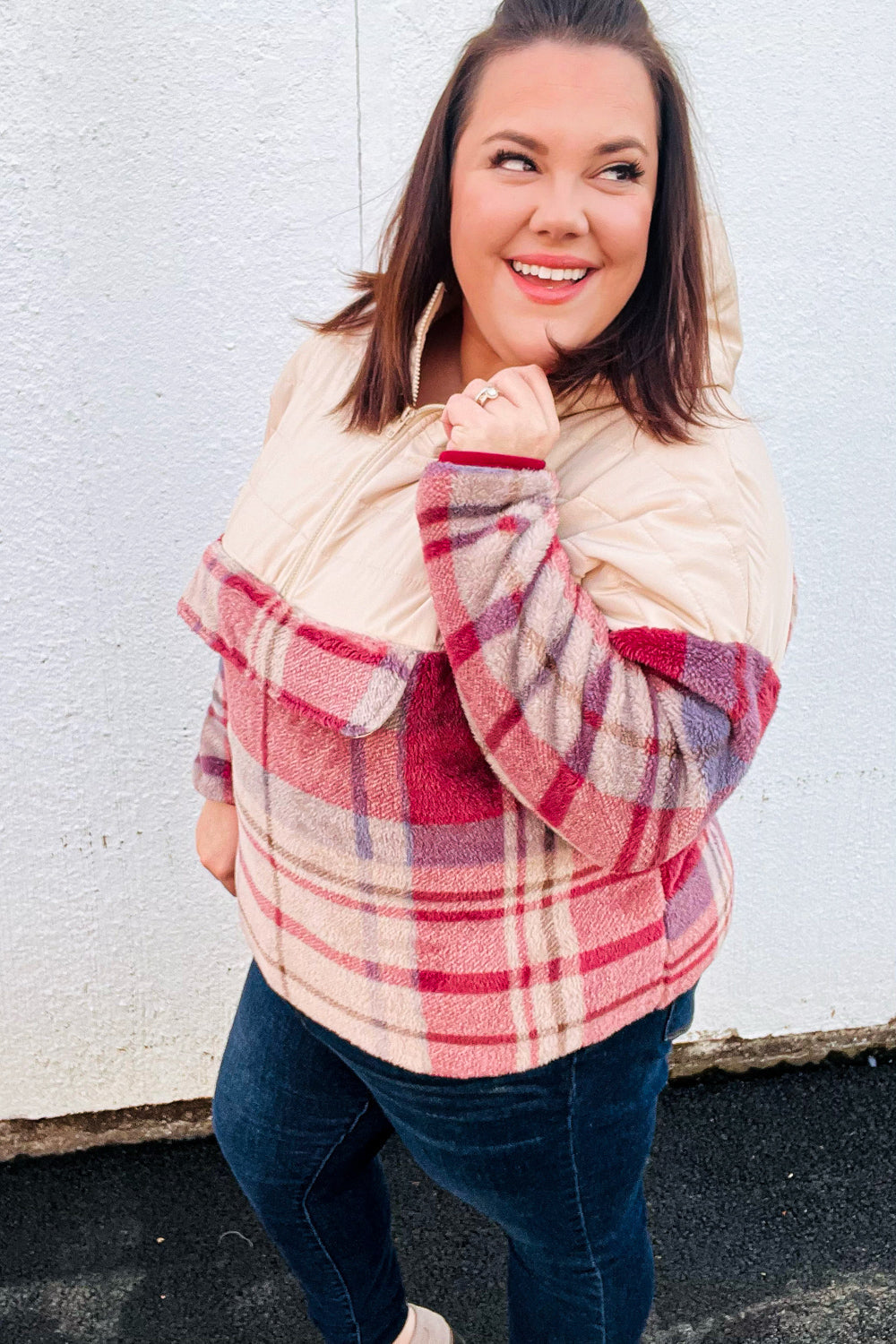 Tried & True Oatmeal & Garnet Plaid Half Zip Puffer Hoodie