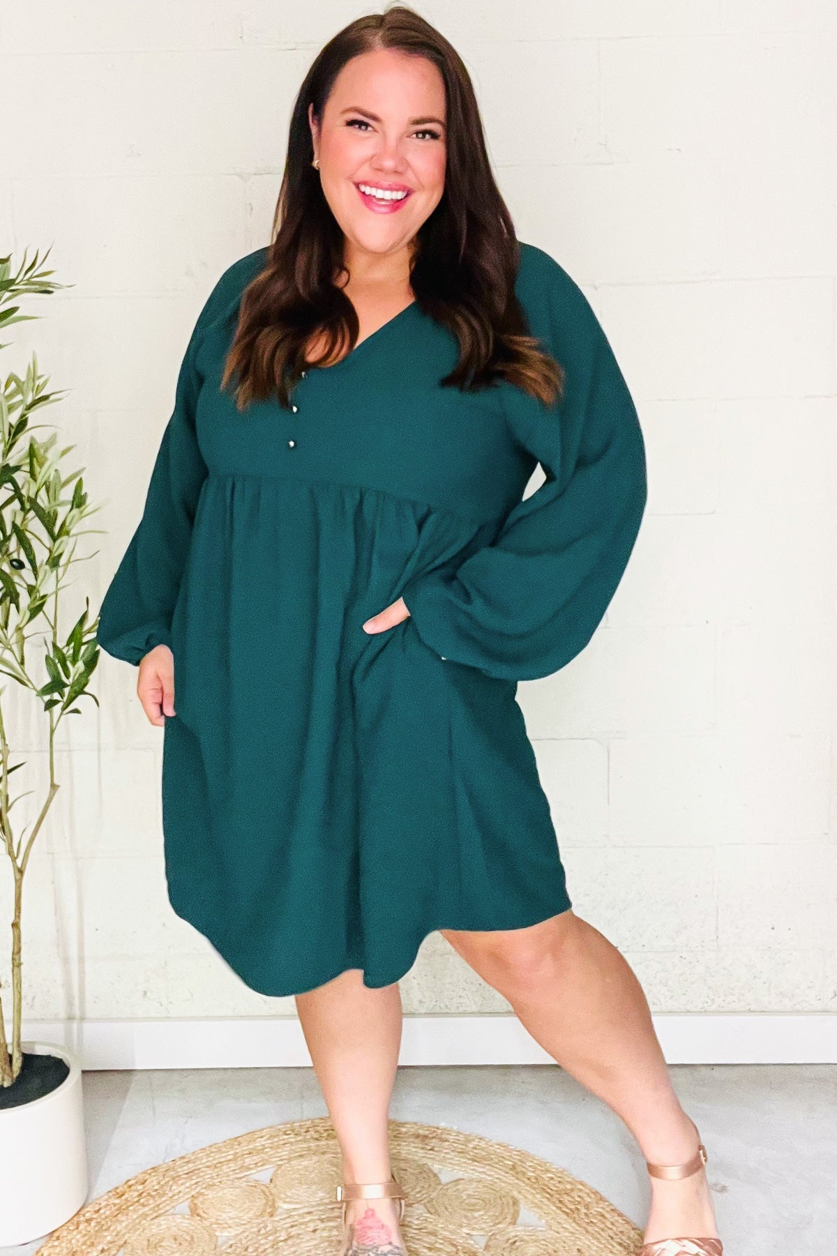 Beautiful You Hunter Green Woven Waffle V Neck Babydoll Dress