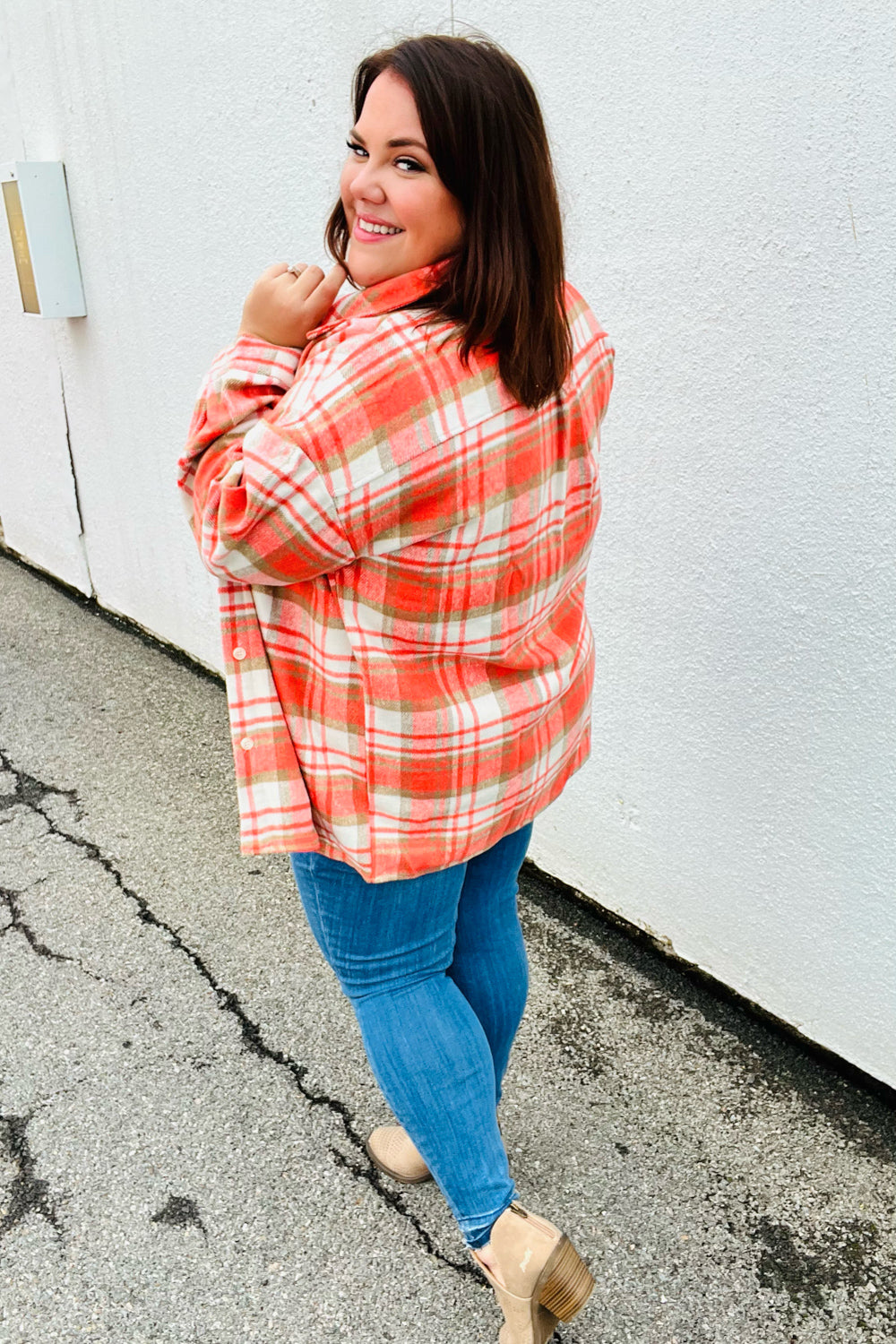 Orange Plaid Flannel Button Down Shacket