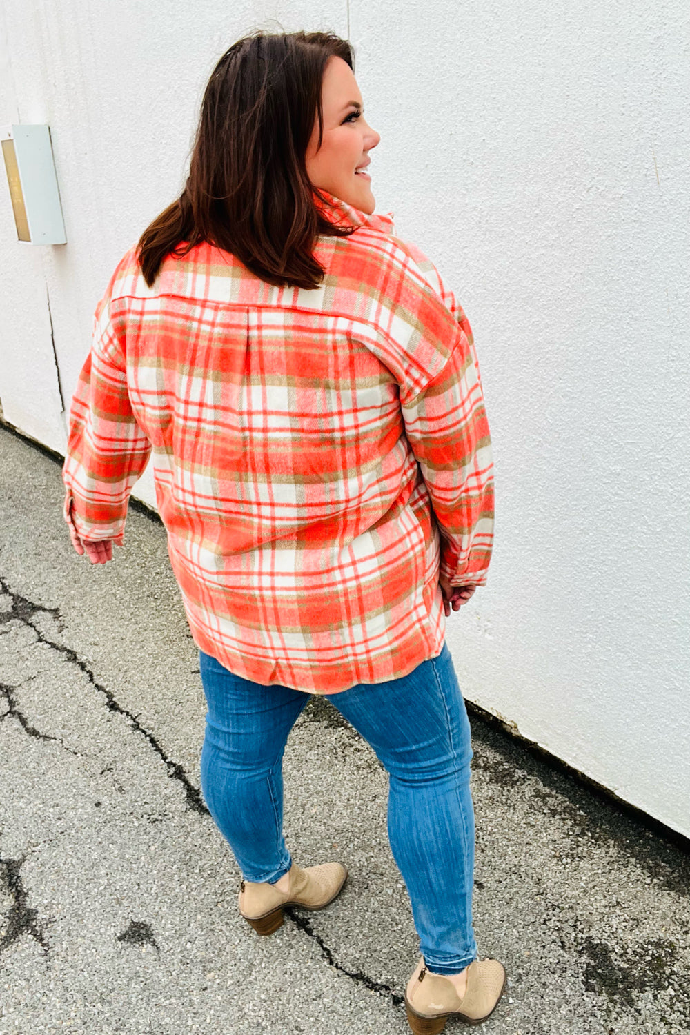 Orange Plaid Flannel Button Down Shacket