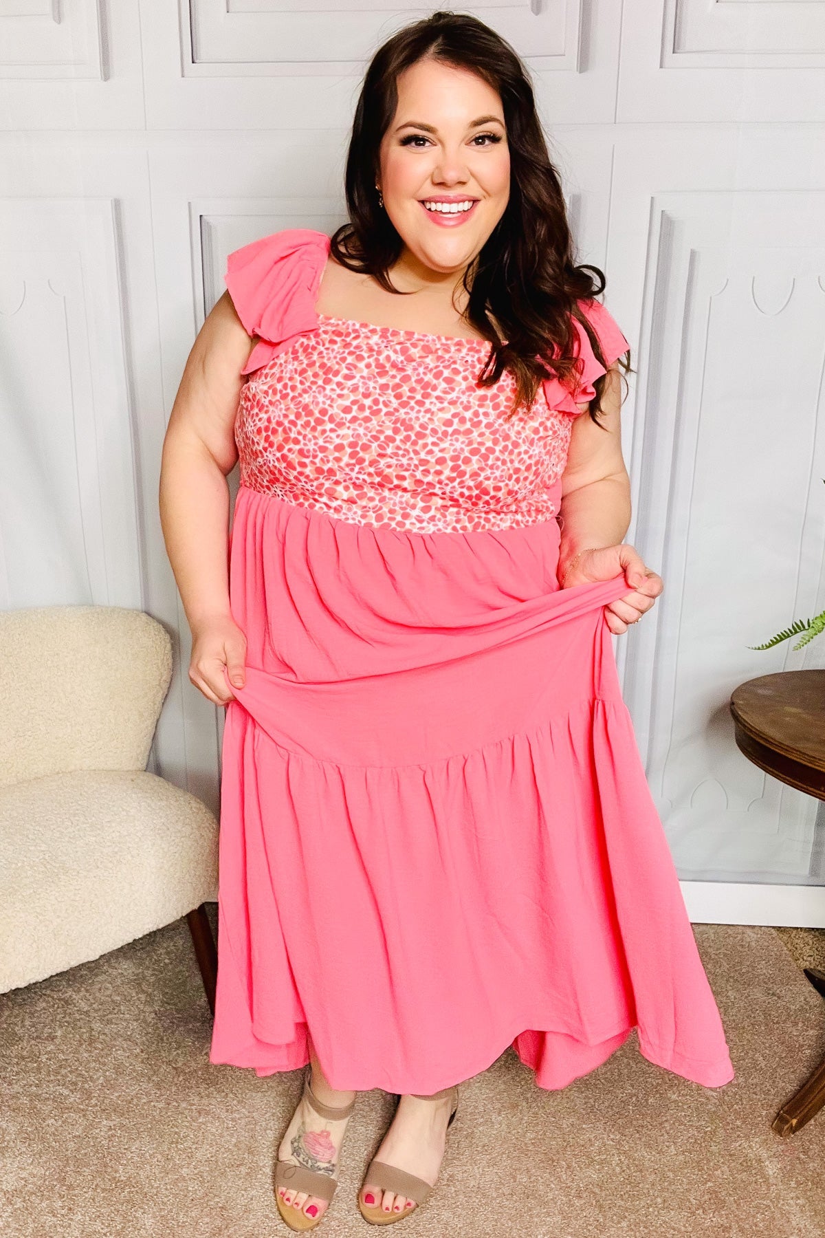 More Than Lovely Coral Floral Embroidery Dot Maxi Dress