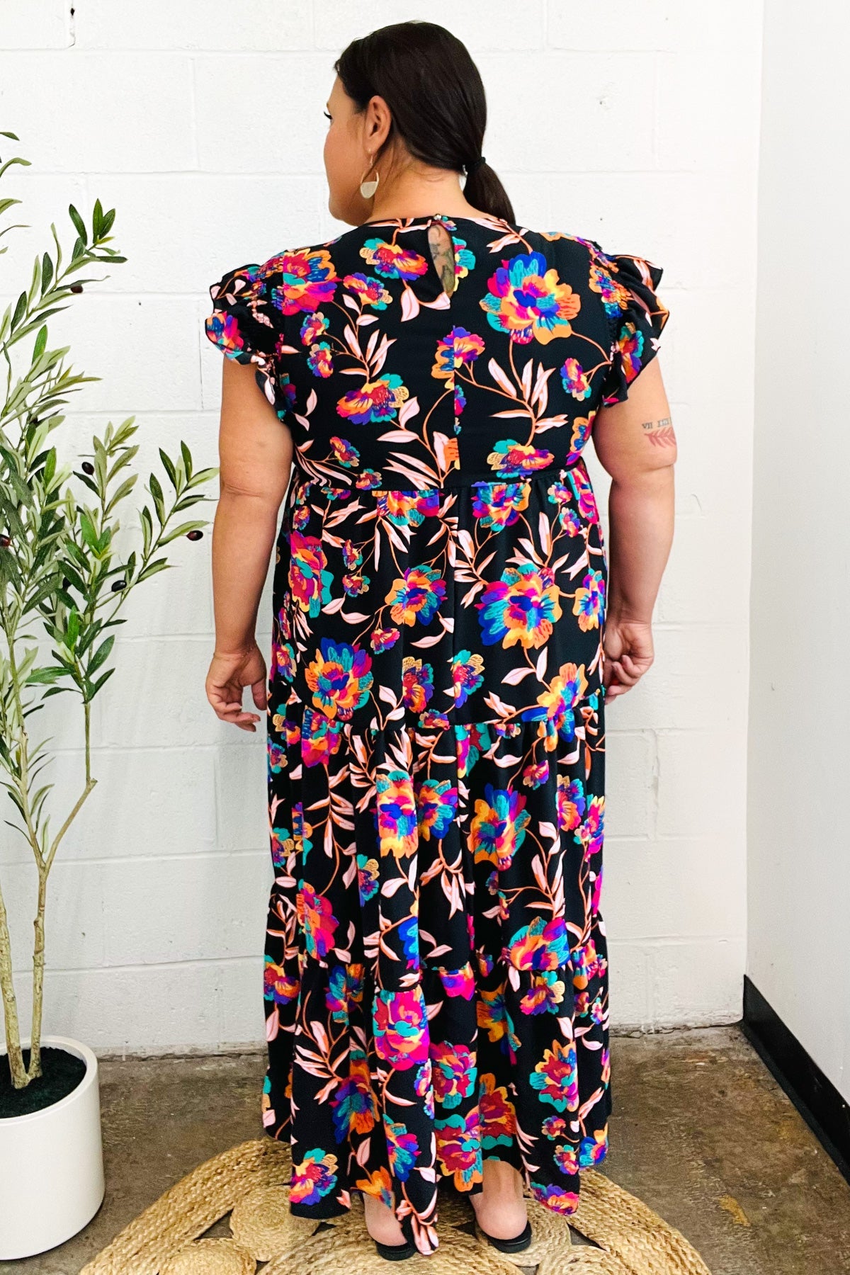 Just A Dream Black Floral Print Smocked Ruffle Sleeve Maxi Dress