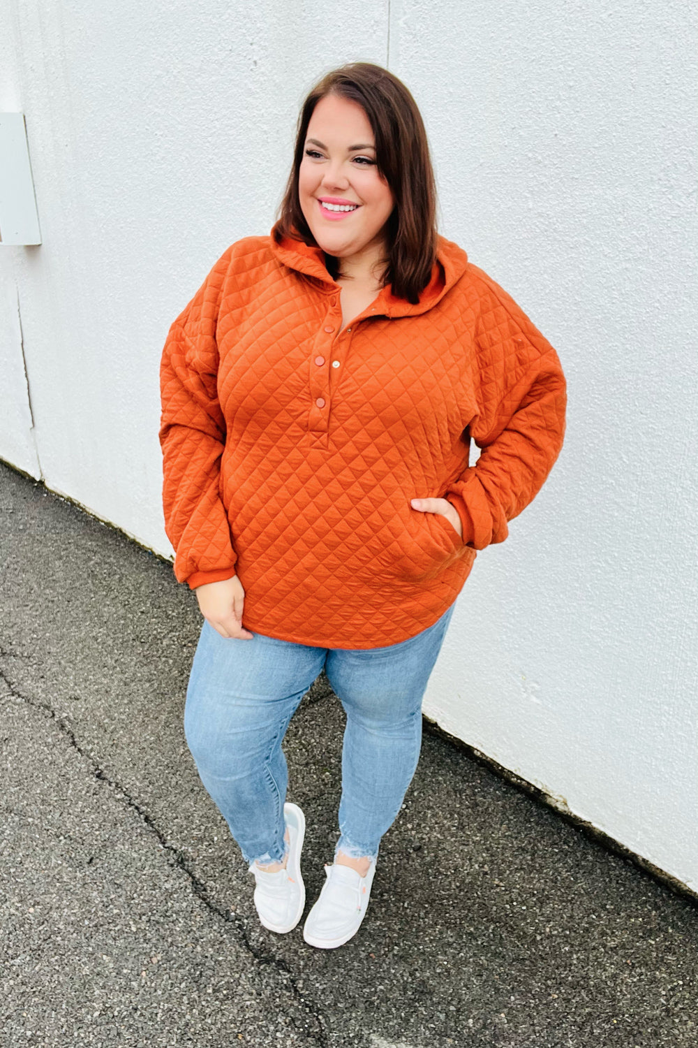 Feeling Bold Burnt Orange Quilted Quarter Snap Hoodie