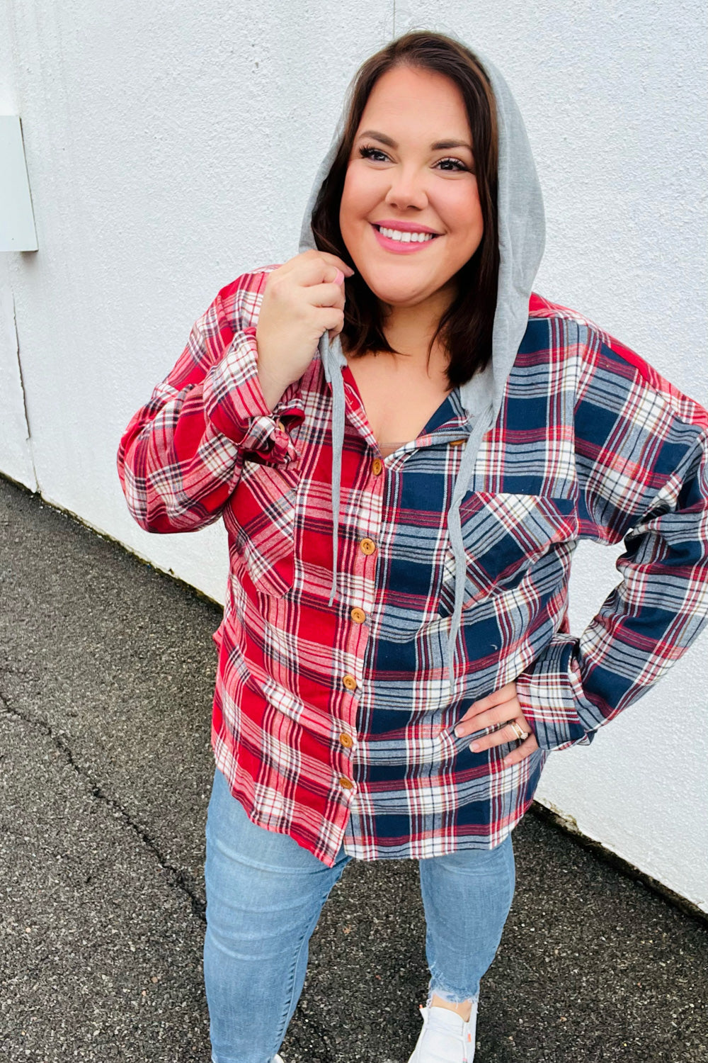 Red & Navy Plaid Color Block Hoodie Shacket