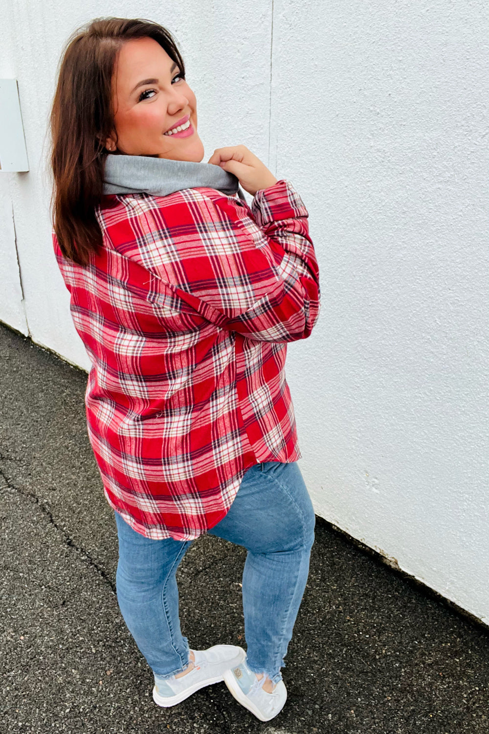 Red & Navy Plaid Color Block Hoodie Shacket