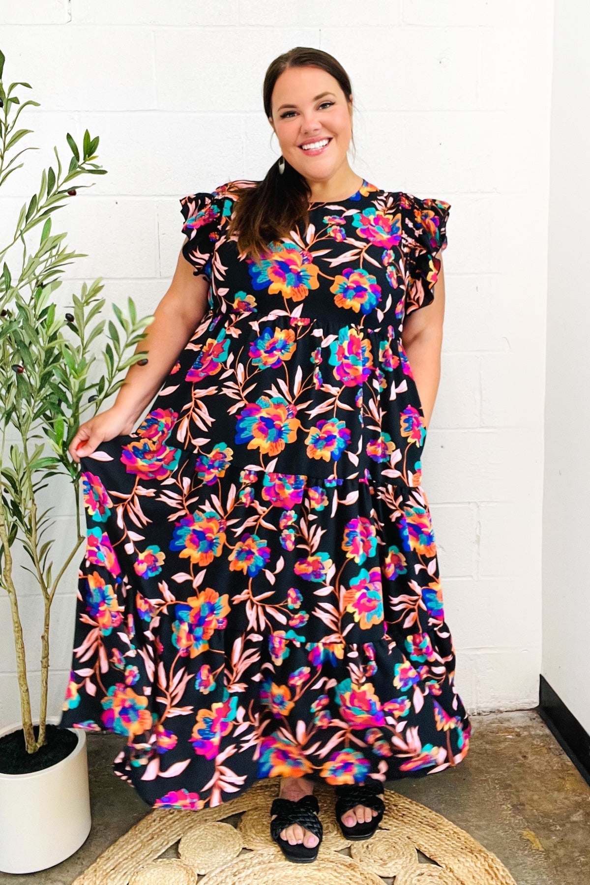 Just A Dream Black Floral Print Smocked Ruffle Sleeve Maxi Dress