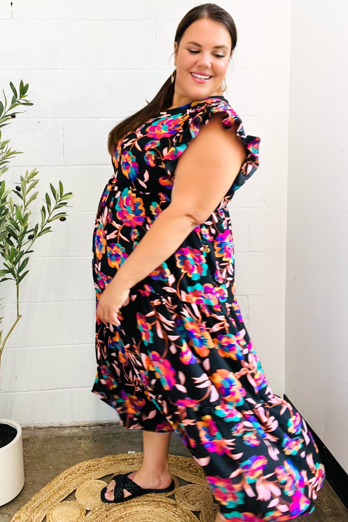 Just A Dream Black Floral Print Smocked Ruffle Sleeve Maxi Dress