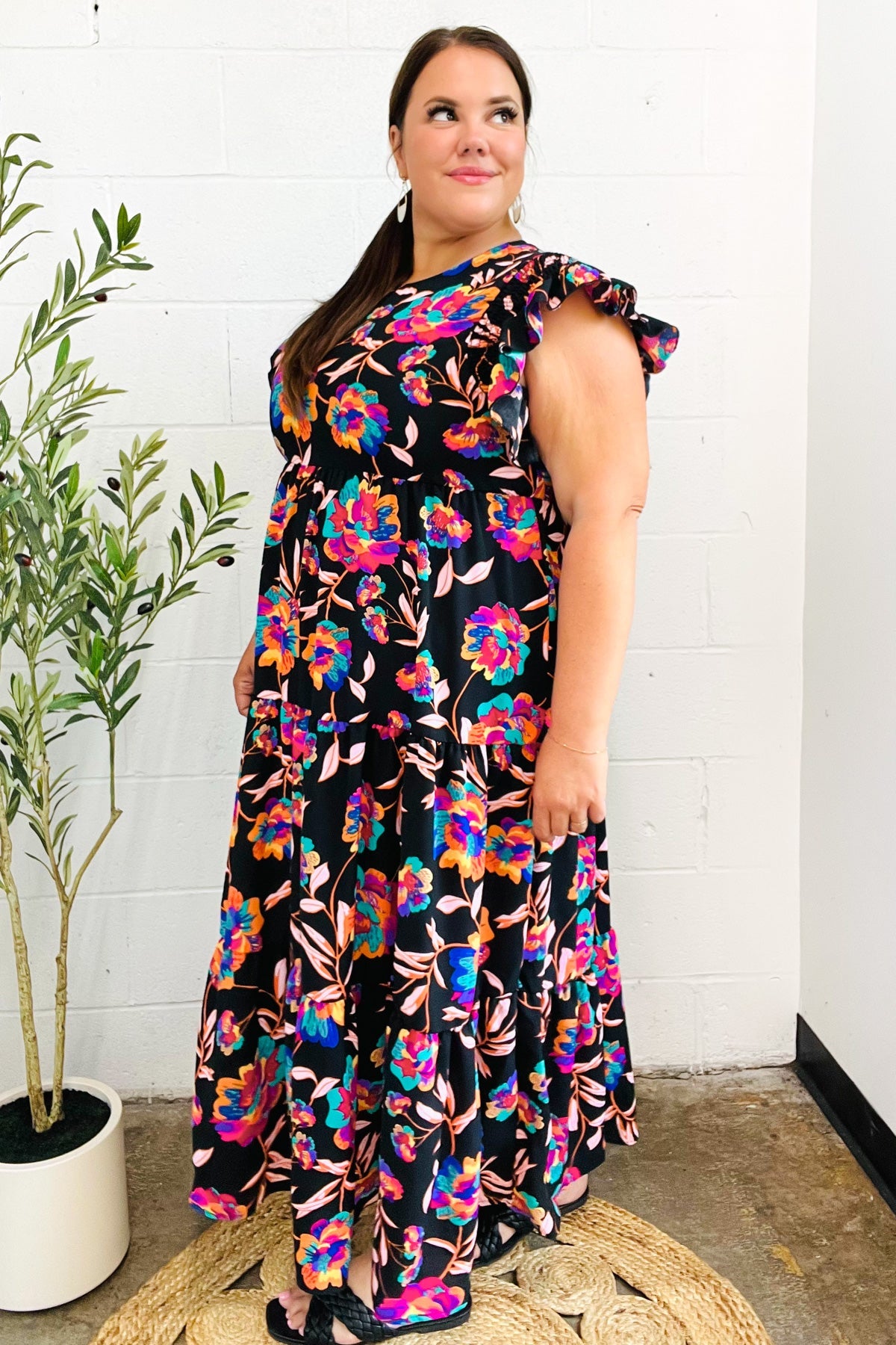 Just A Dream Black Floral Print Smocked Ruffle Sleeve Maxi Dress