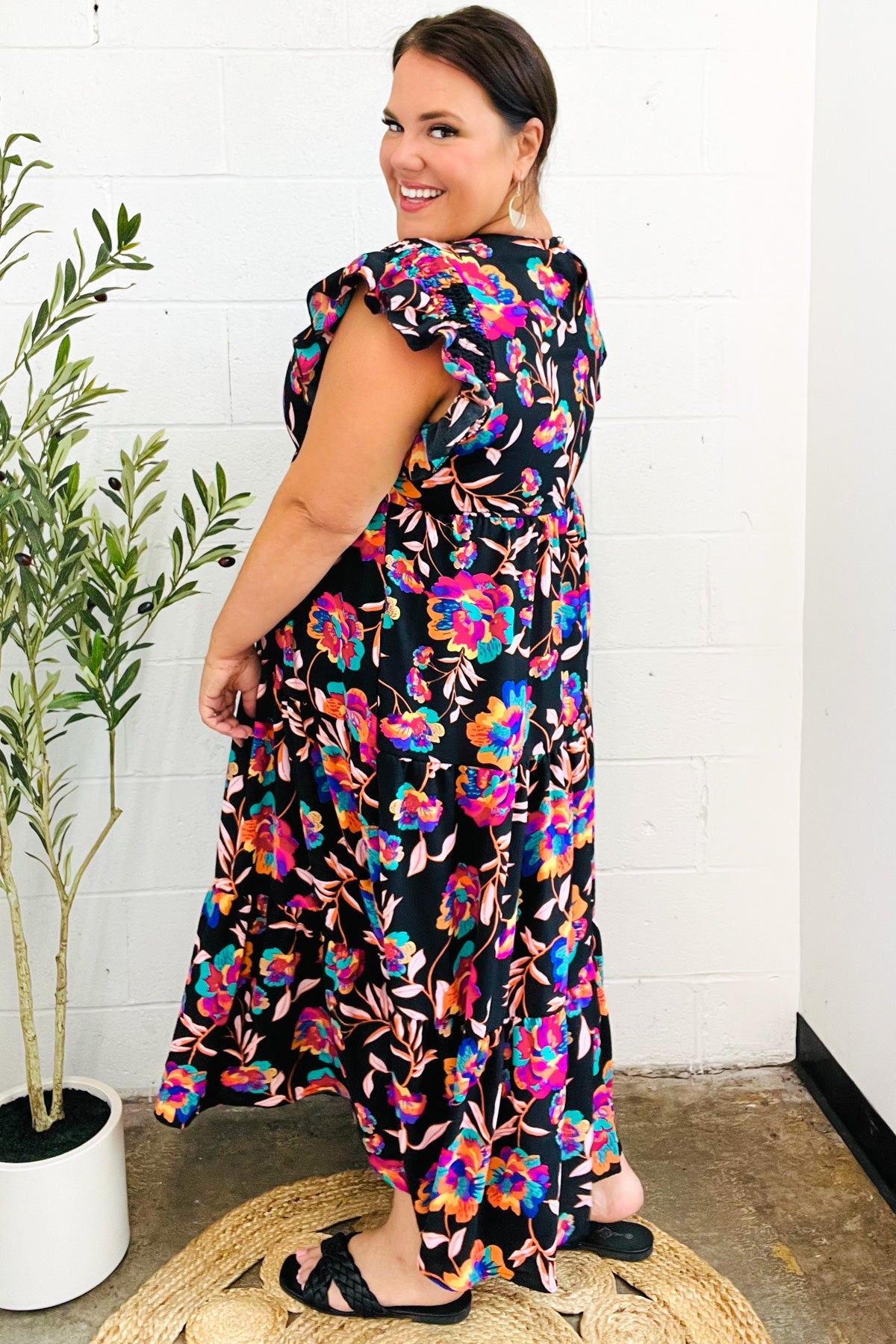 Just A Dream Black Floral Print Smocked Ruffle Sleeve Maxi Dress