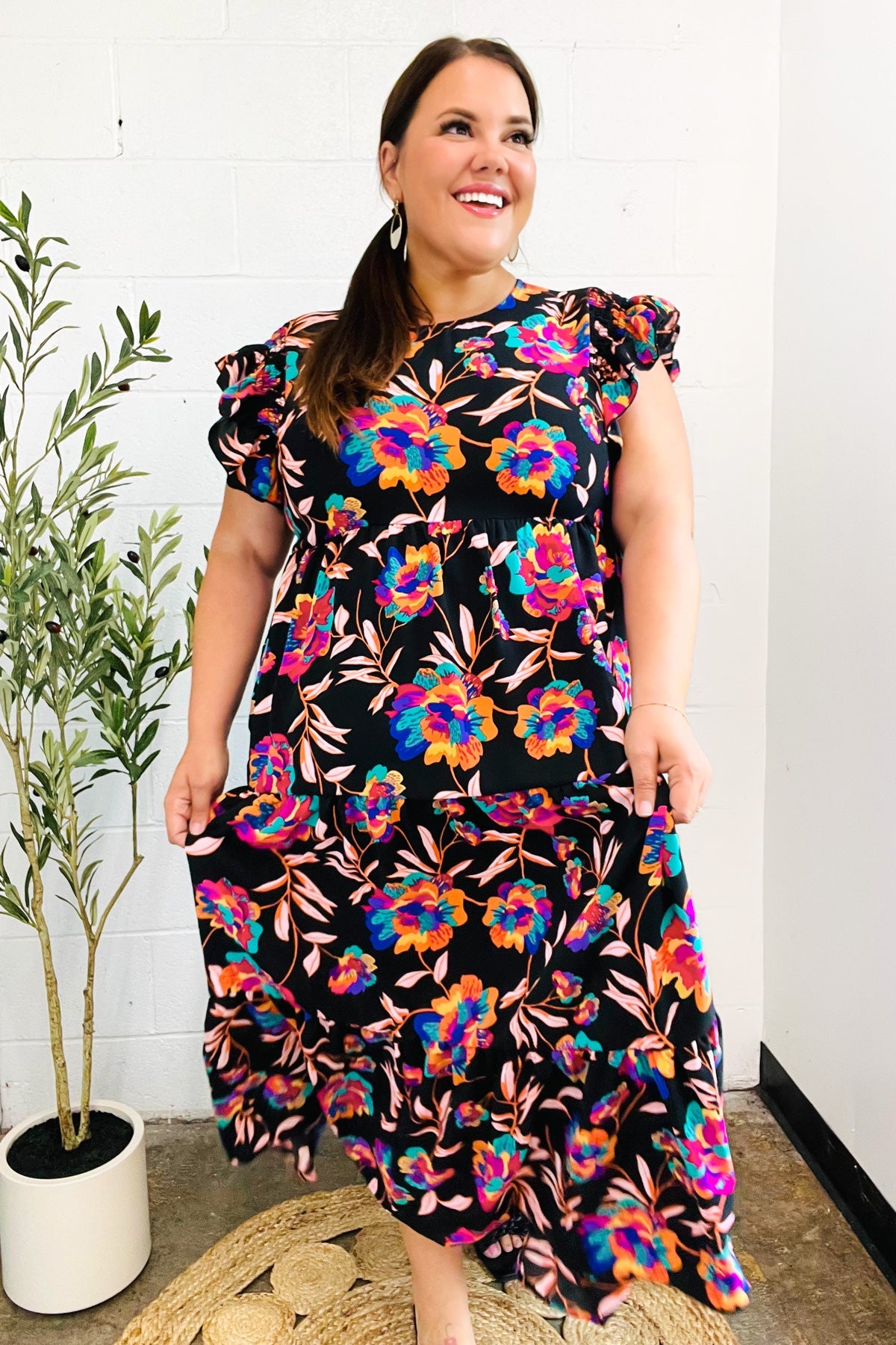 Just A Dream Black Floral Print Smocked Ruffle Sleeve Maxi Dress