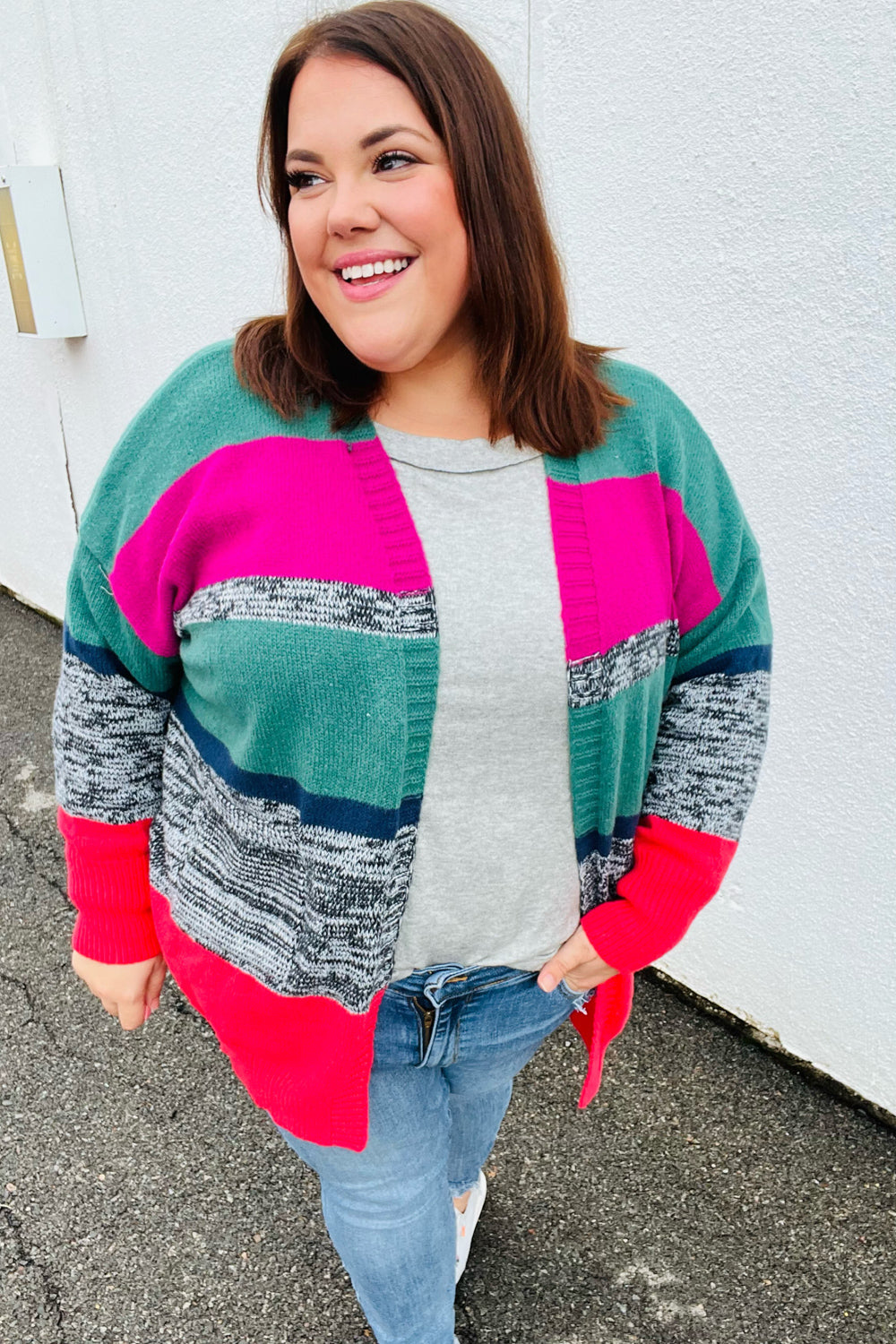 Face The Day Magenta & Hunter Green Two Tone Cardigan