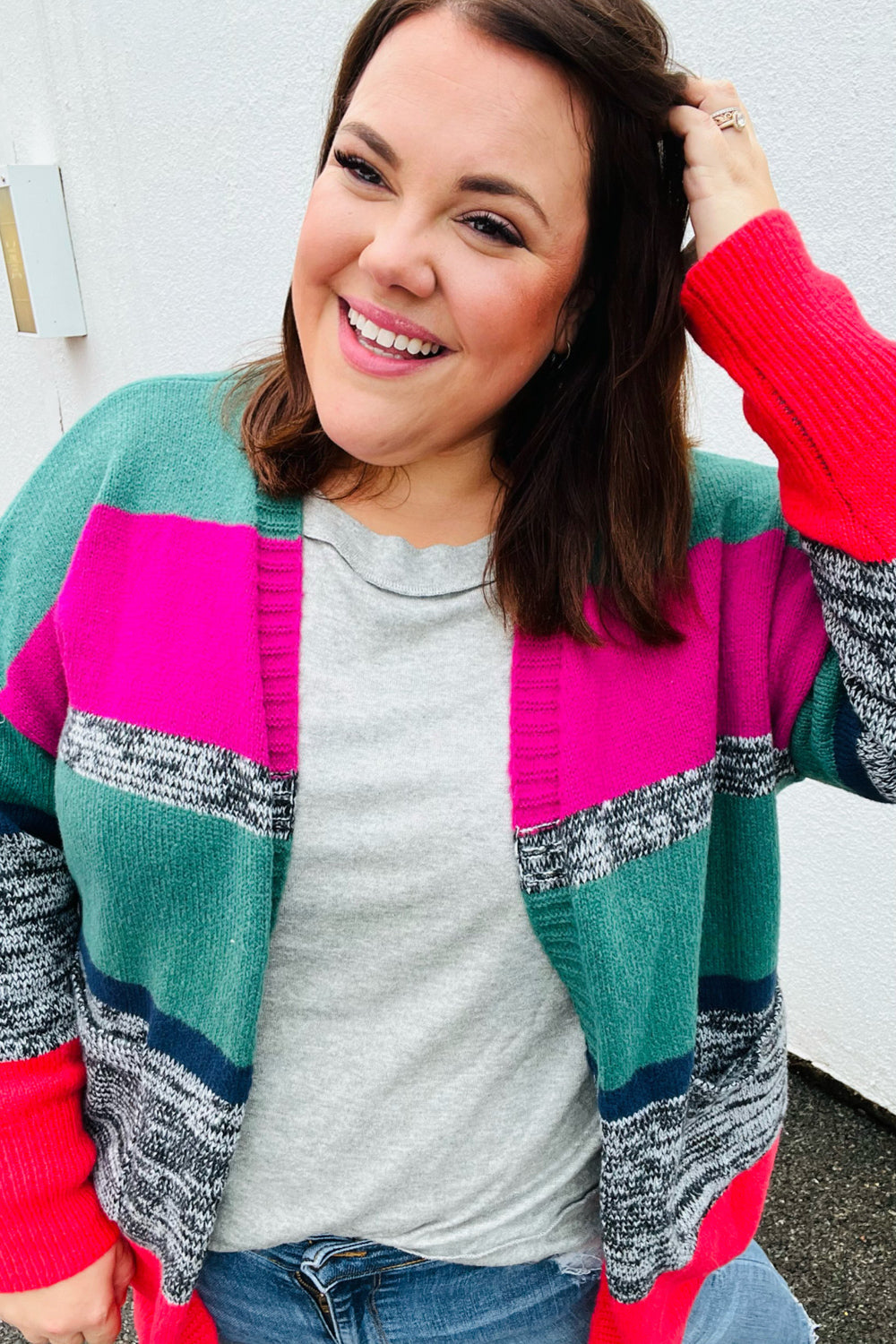 Face The Day Magenta & Hunter Green Two Tone Cardigan