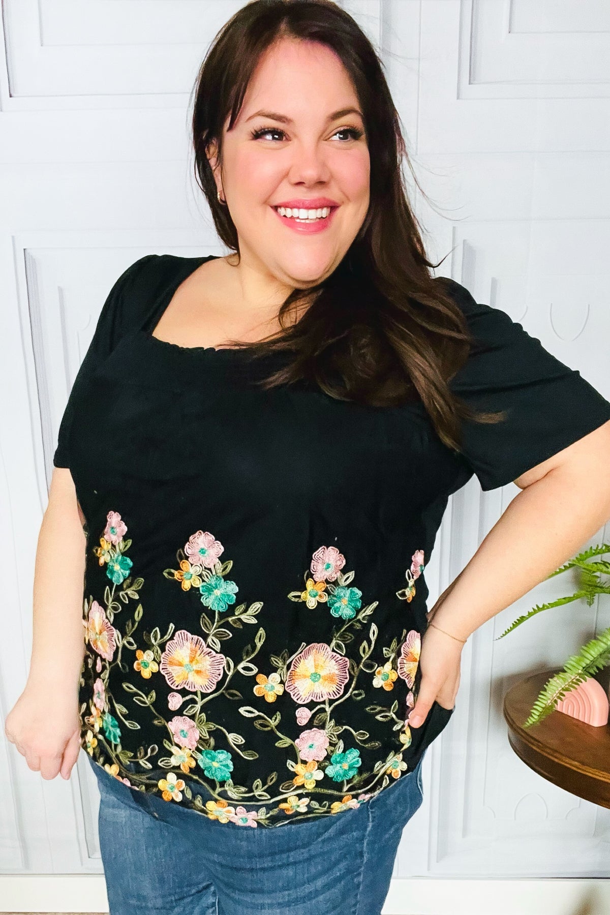 Glamorous Black Floral Embroidery & Lace Smocked Top