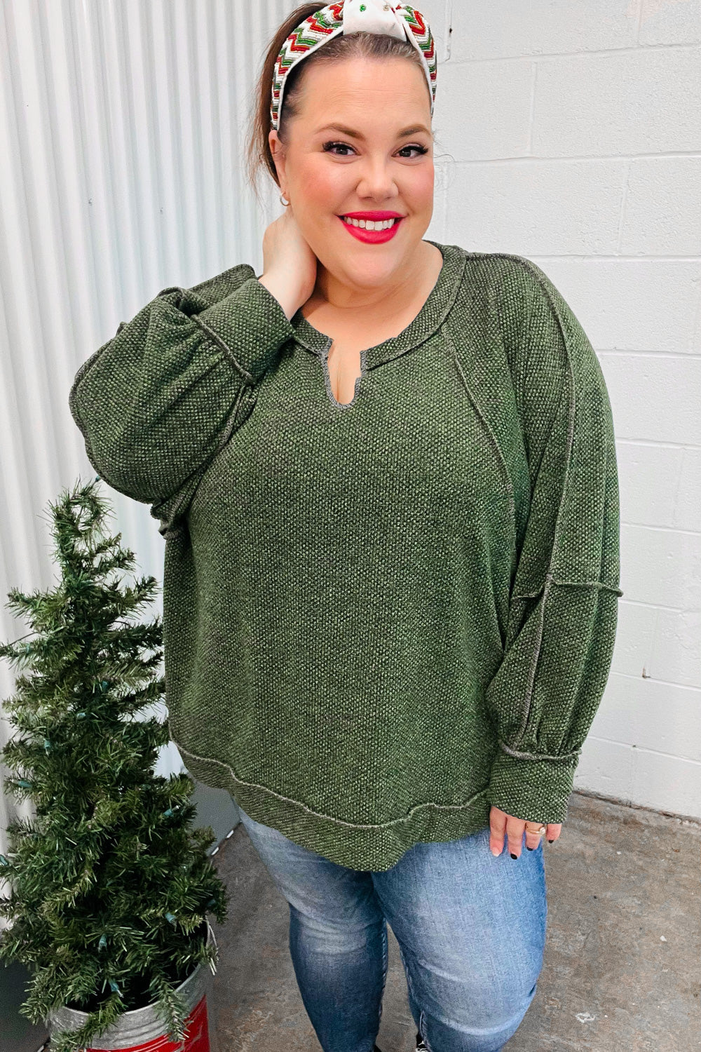 Olive Two Tone Knit Notched Raglan Top