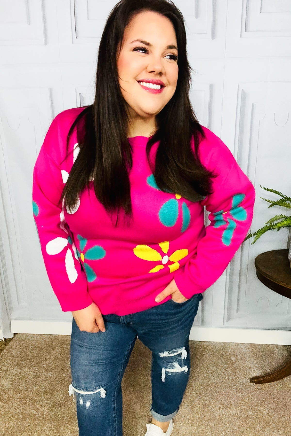 Flower Power Hot Pink Daisy Jacquard Pullover Sweater
