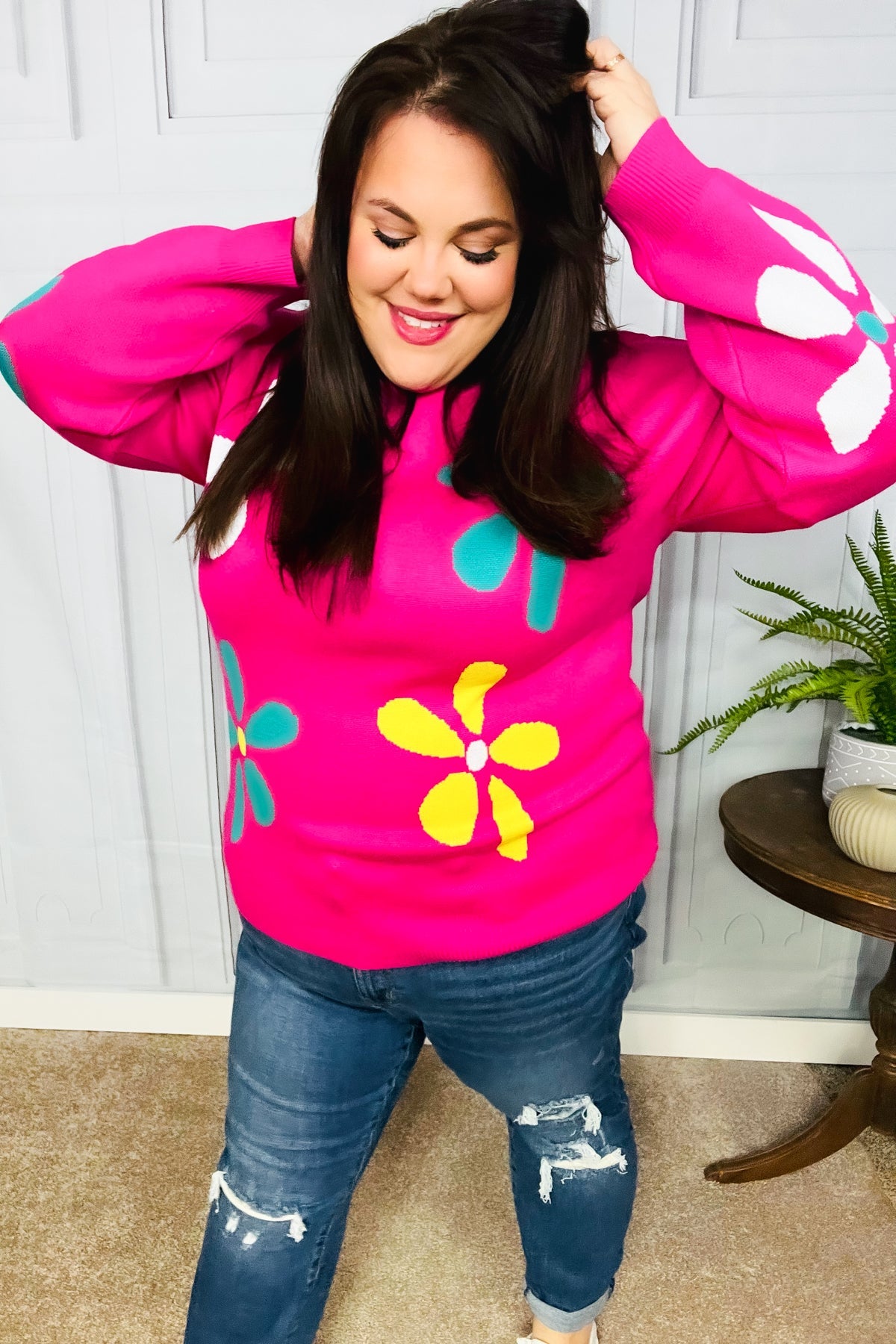 Flower Power Hot Pink Daisy Jacquard Pullover Sweater